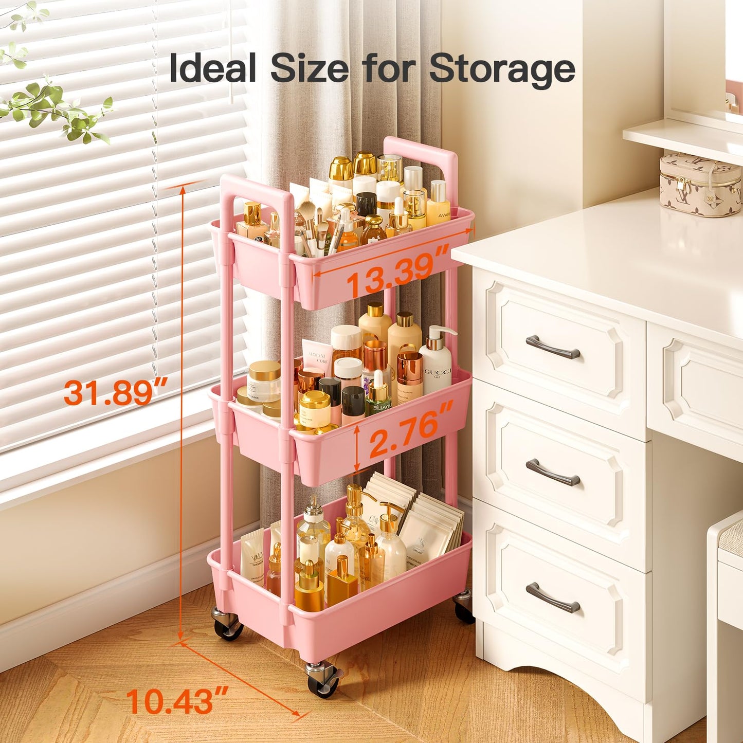 Pipishell 3 Tier Rolling Cart Organizer, Plastic Rolling Cart with Lockable Wheels & Reinforced Handle, Lightweight Utility Cart Storage Cart for Nursery, Kitchen, Bathroom, Craft Room, White, PIUC14W