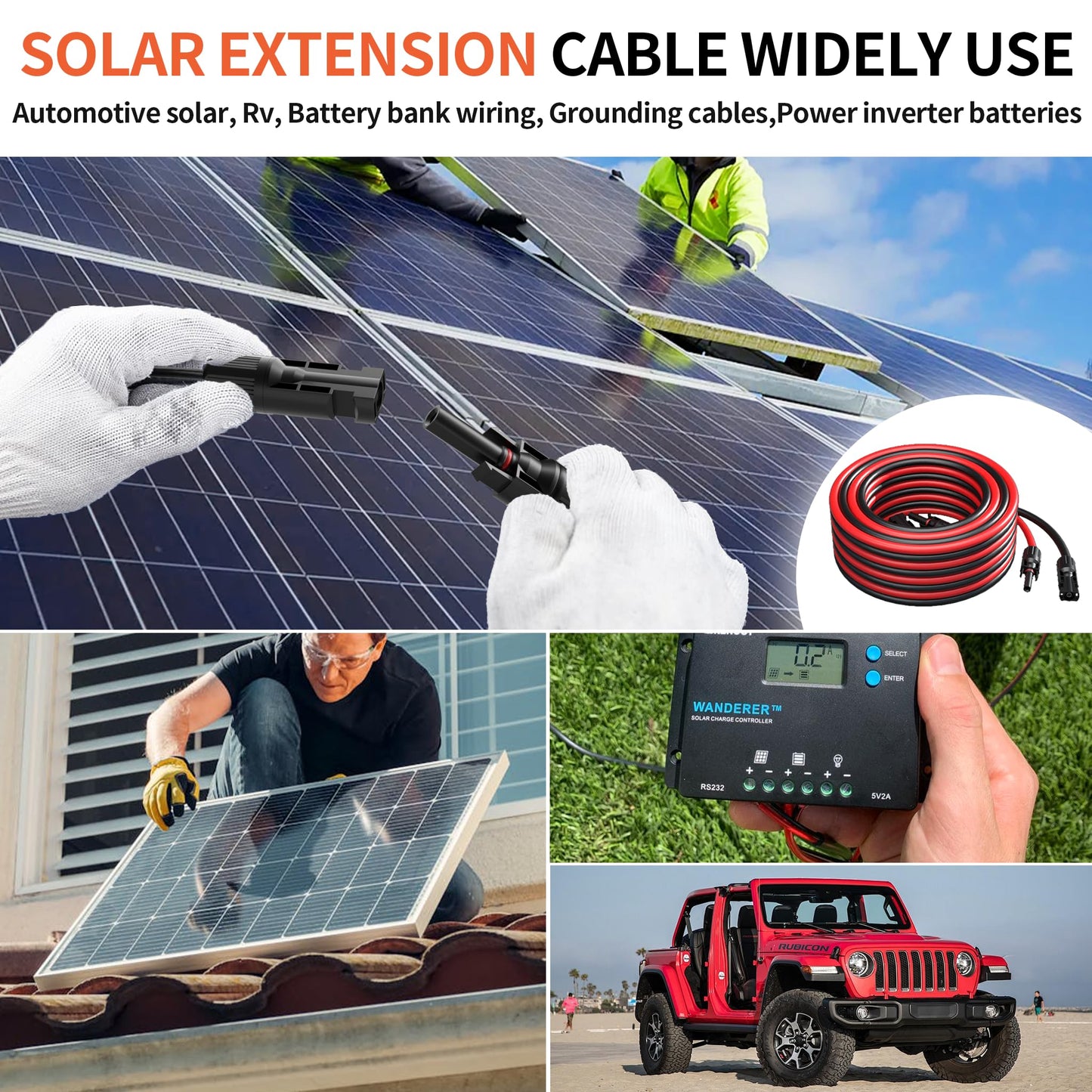 10AWG Solar Cable with Pair of Connectors Solar Panel Adaptor Kit Tool, Extension Cable,10 Gauge Wire,Red and Black(20FT Red + 20FT Black)