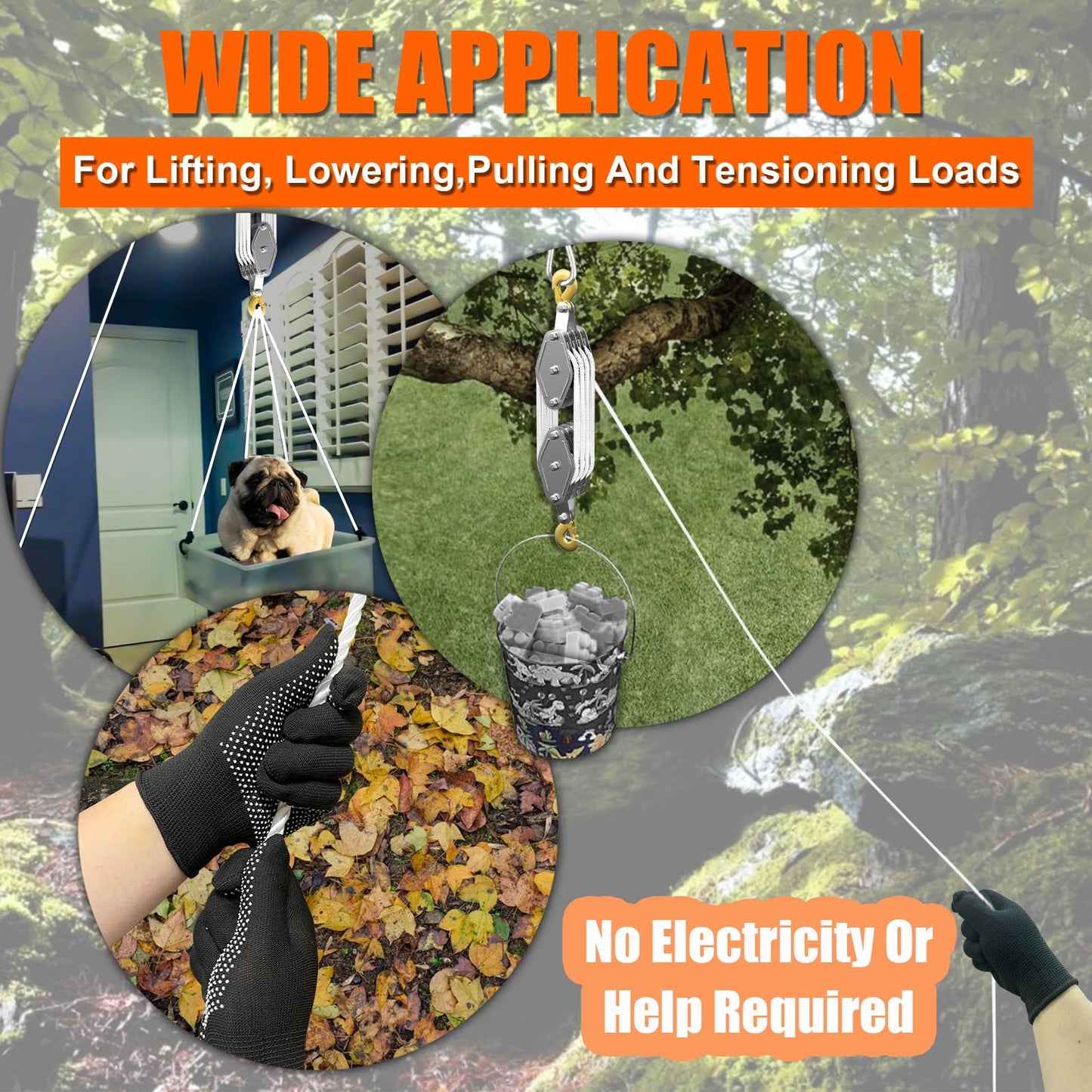 Rope Hoist Pulley System, 4400LB Pulley Block and Tackle, 8:1 Ratio Lifting Power 65ft, Heavy Duty Pulley Block for Lifting Pulling (with 2PCs Straps)