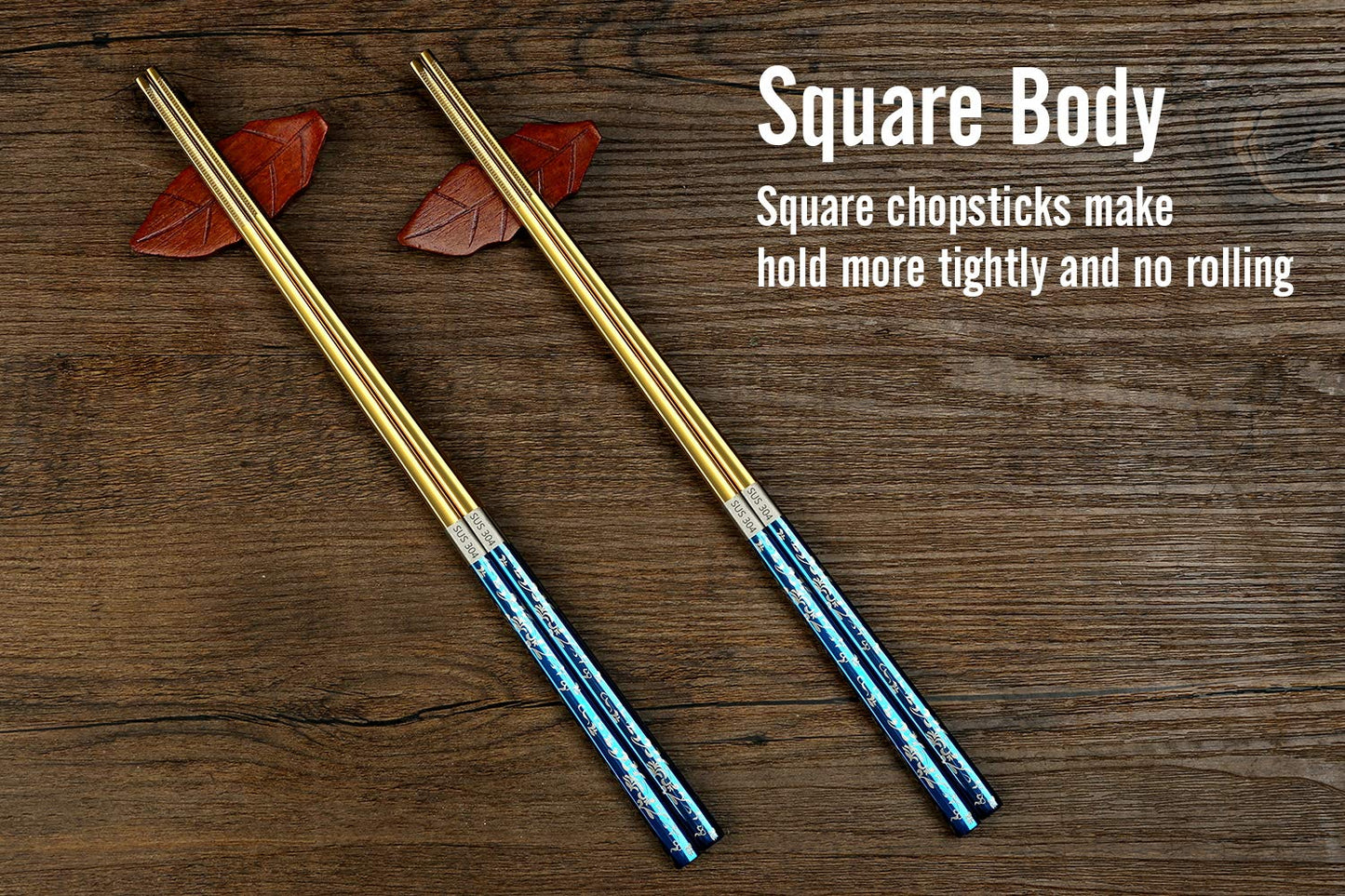 Titanium Plated Chopstick Stainless Steel Chopsticks Metal Chopsticks Reusable Dishwasher safe Premium Laser Engraved Chop Sticks for Eating 2 Pairs Gift Set Blue Silver