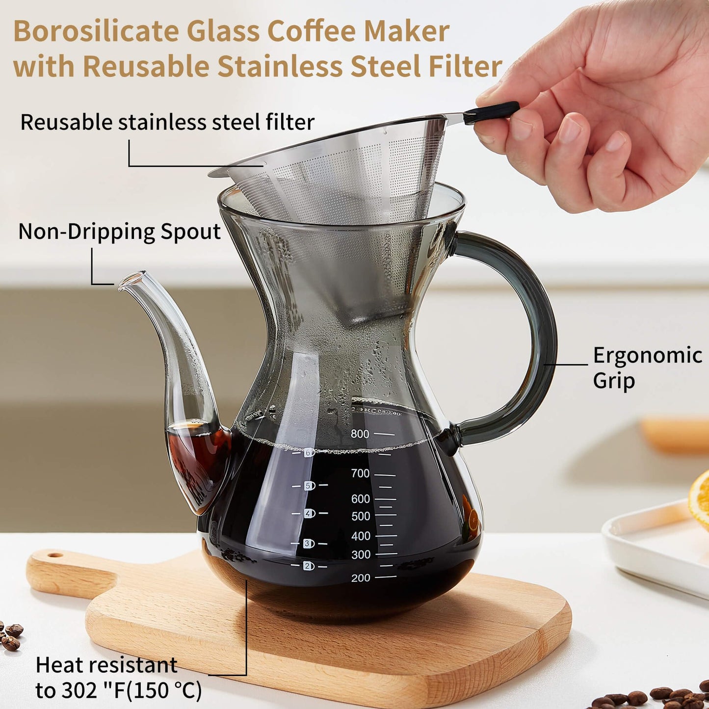 Unbreakable - Pour Over Coffee Maker with Double Stainless Filter 34 fl oz, Thickened Heat-Resistant Borosilicate Glass Pour Over Coffee Dripper, Stovetop Safe