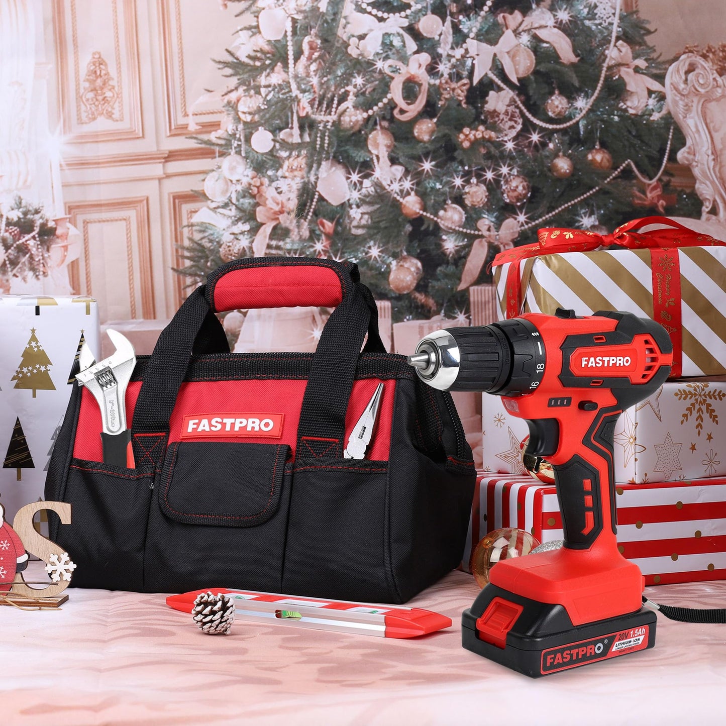 FASTPRO 232-Piece 20V Cordless Lithium-Ion Drill Driver & Home Tool Set, Household Repairing Tool Kit with Drill, 12-Inch Wide Mouth Storage Tool Bag, Green