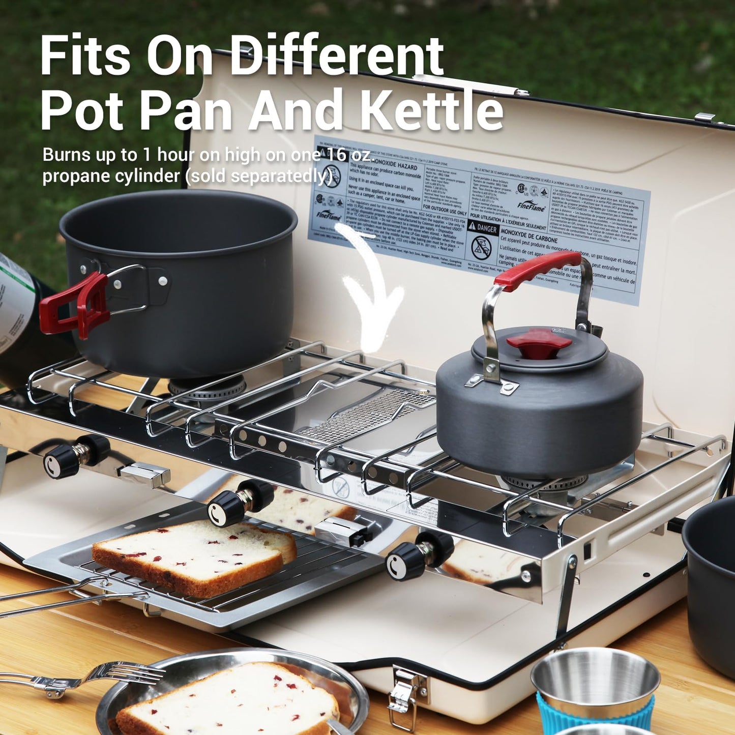 Camping Stove, 3 Burners Propane Portable Camp Stove with Regulator, Push-Button Instant Ignition, Adjustable Burners & Wind Guards for Car BBQ Picnics Outdoor Cooking (BEIGE-20400 BTUs)