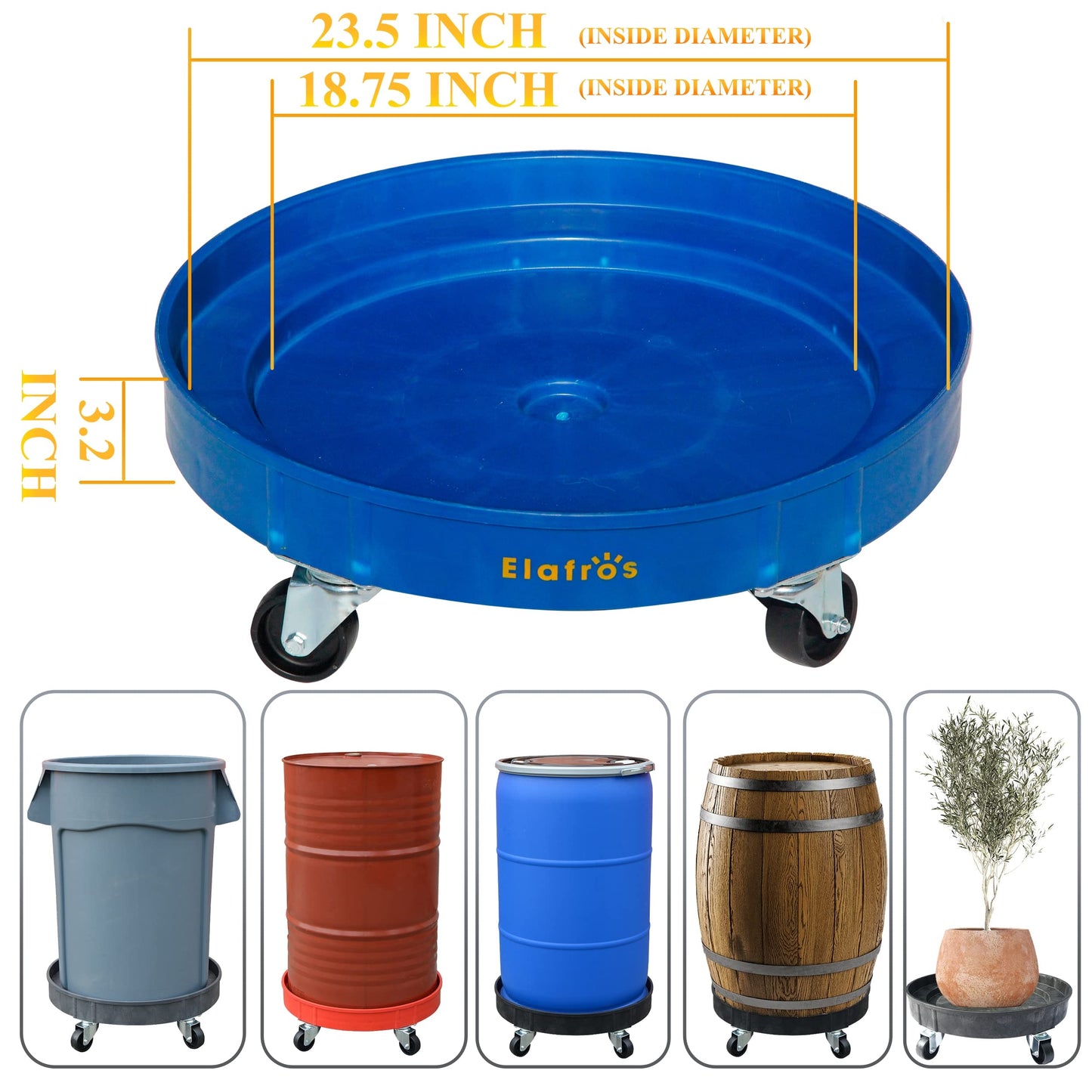 ELAFROS 30 Gallon and 55 Gallon Heavy Duty Plastic Drum Dolly – Durable Plastic Drum Cart 900 lb. Capacity- Barrel Dolly with 5 Swivel Casters Wheel,Blue