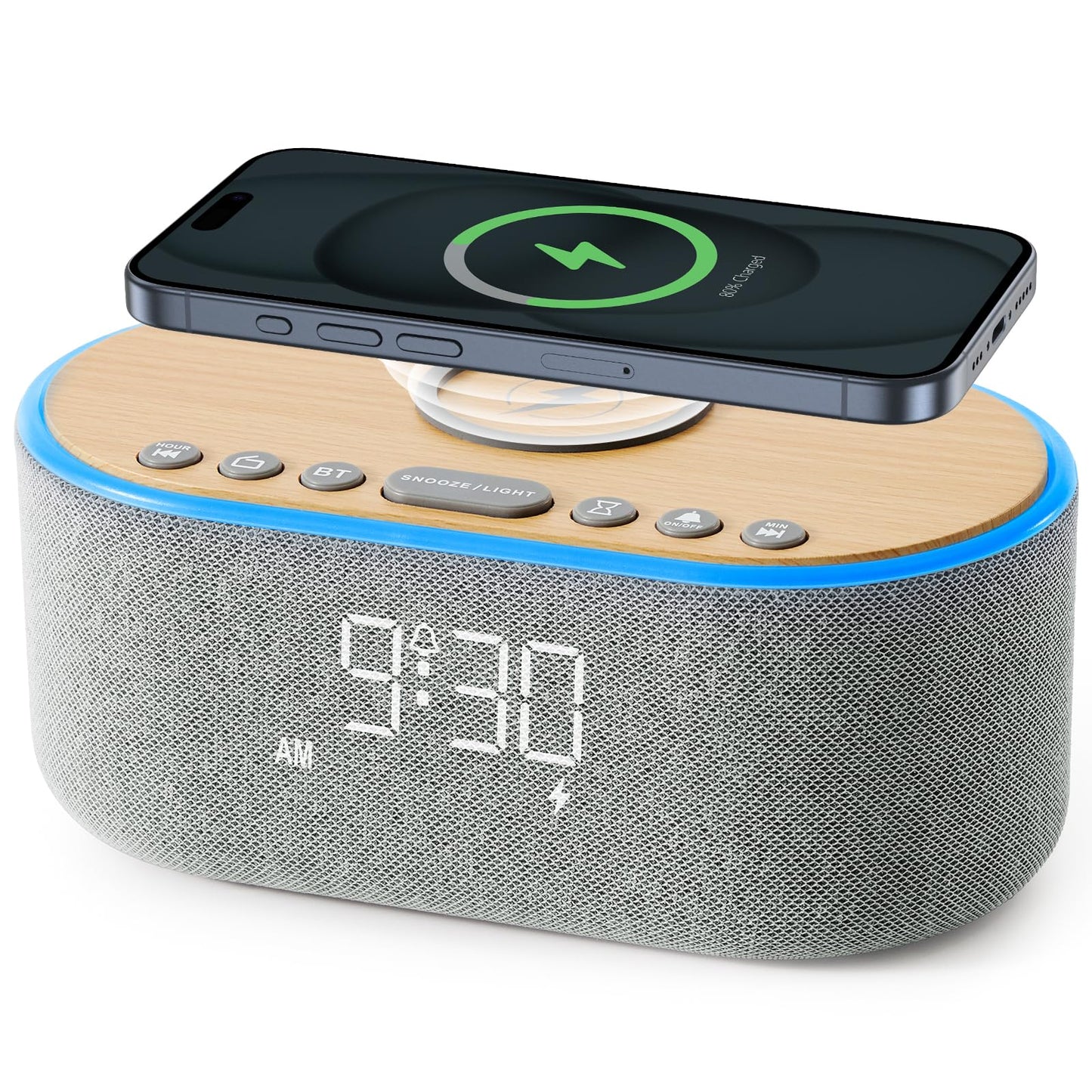 uscce Alarm Clock Bluetooth FM Radio: 10W Stereo Sound Speaker - Fast Wireless Charging for iPhone Samsung - Dimmable Clock Radio for Bedroom