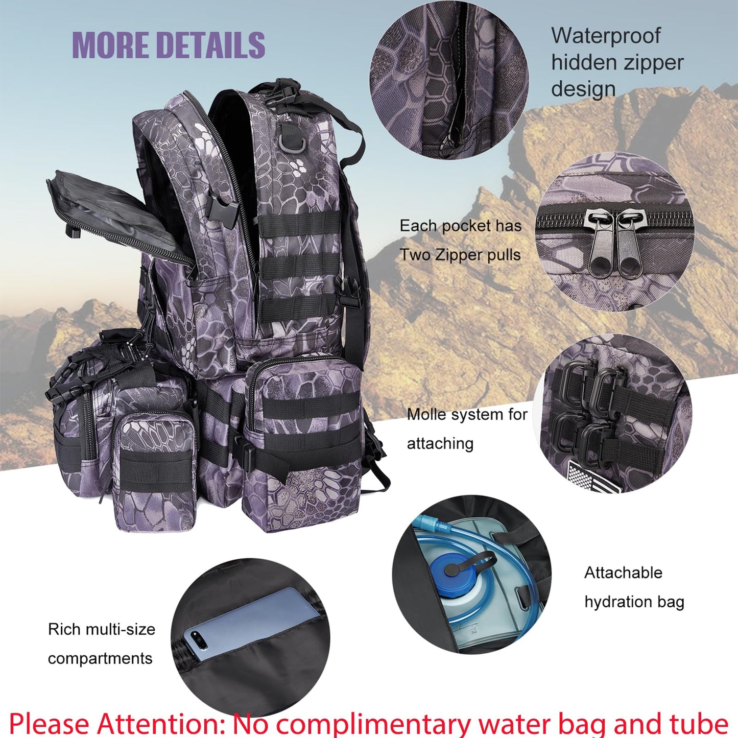 Large Military Tactical Backpack for Men, 40-50L Backpacks for Women, Bug out Bag Army 3 Days Assault Pack Bags Rucksack with Molle System Black Camouflage-2