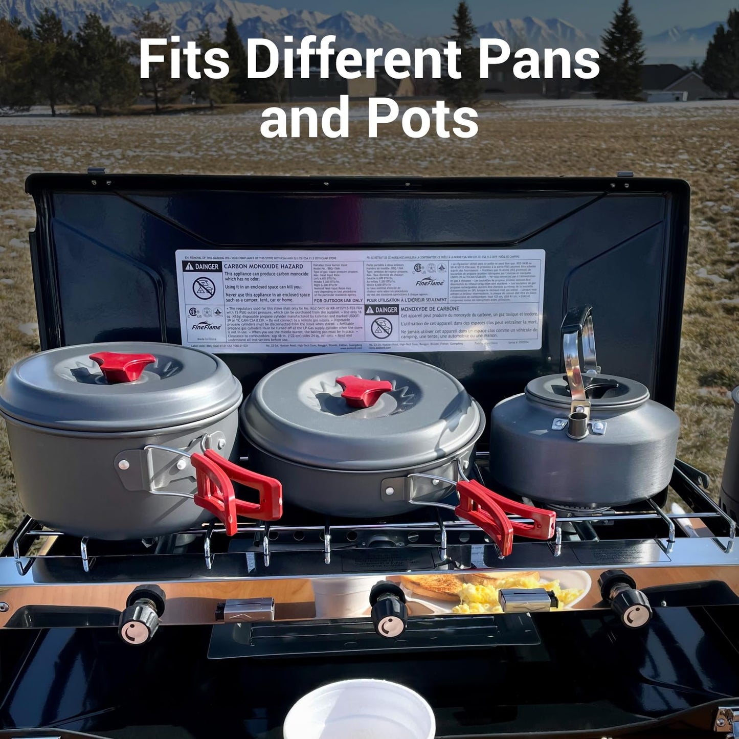 Camping Stove, 3 Burners Propane Portable Camp Stove with Regulator, Push-Button Instant Ignition, Adjustable Burners & Wind Guards for Car BBQ Picnics Outdoor Cooking (BEIGE-20400 BTUs)