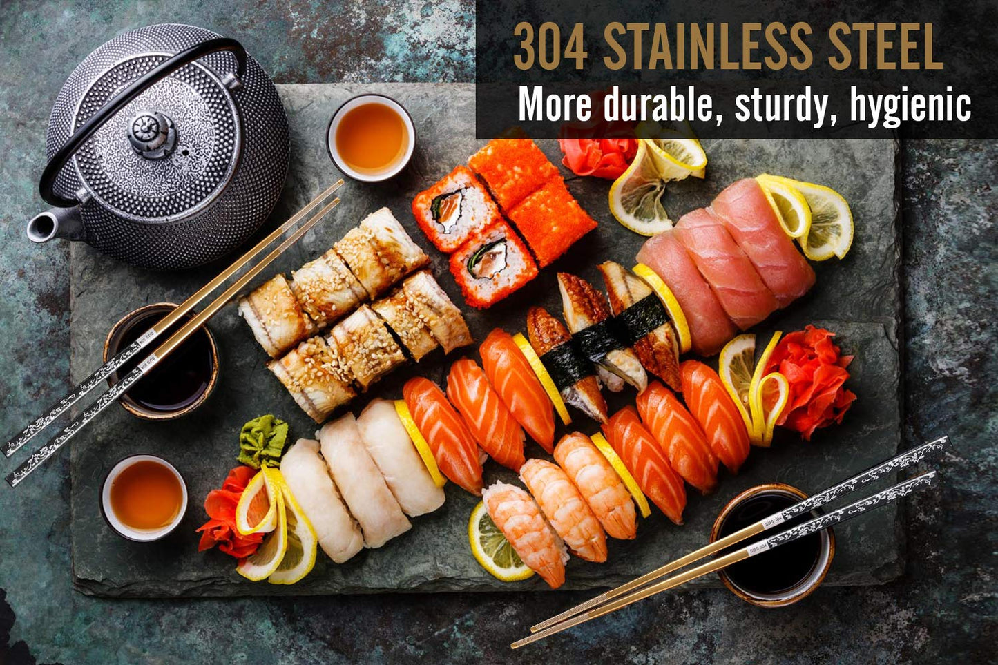 Titanium Plated Chopstick Stainless Steel Chopsticks Metal Chopsticks Reusable Dishwasher safe Premium Laser Engraved Chop Sticks for Eating 2 Pairs Gift Set Blue Silver