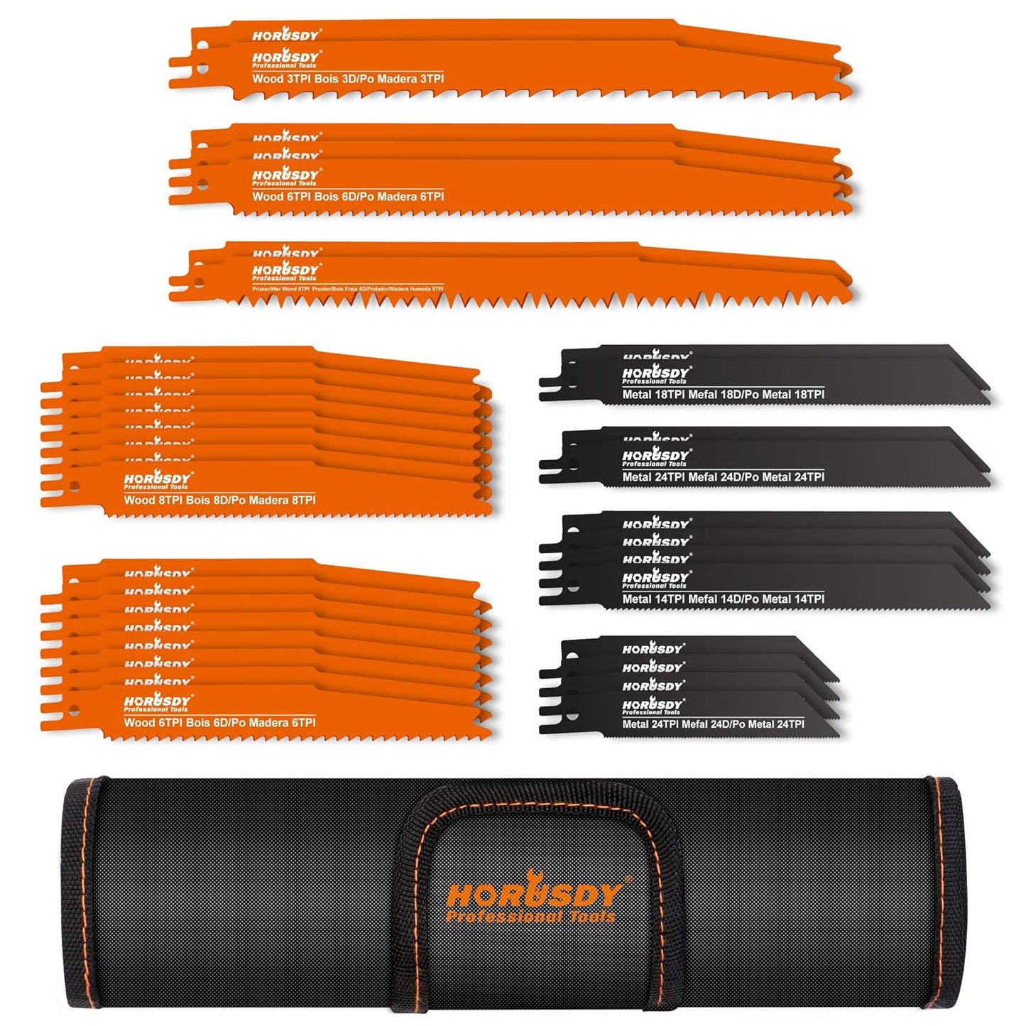 HORUSDY 34-Piece Reciprocating Saw Blades Set, Metal & Woodcutting Saw Blades, Saw Blades with Pouch.