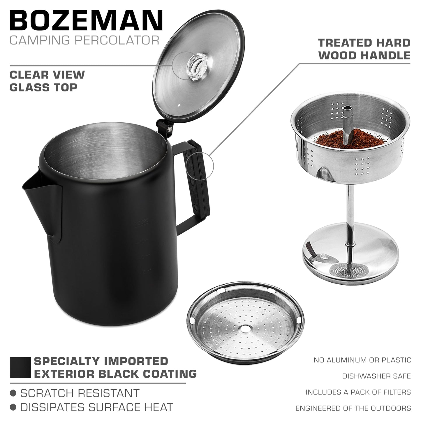 COLETTI Black Bozeman Percolator Coffee Pot — Camping Coffee Pot, Coffee Percolator Stovetop – America’s Sleekest Percolator – Pure Stainless Steel, NO Aluminum or Plastic (9 Cup)