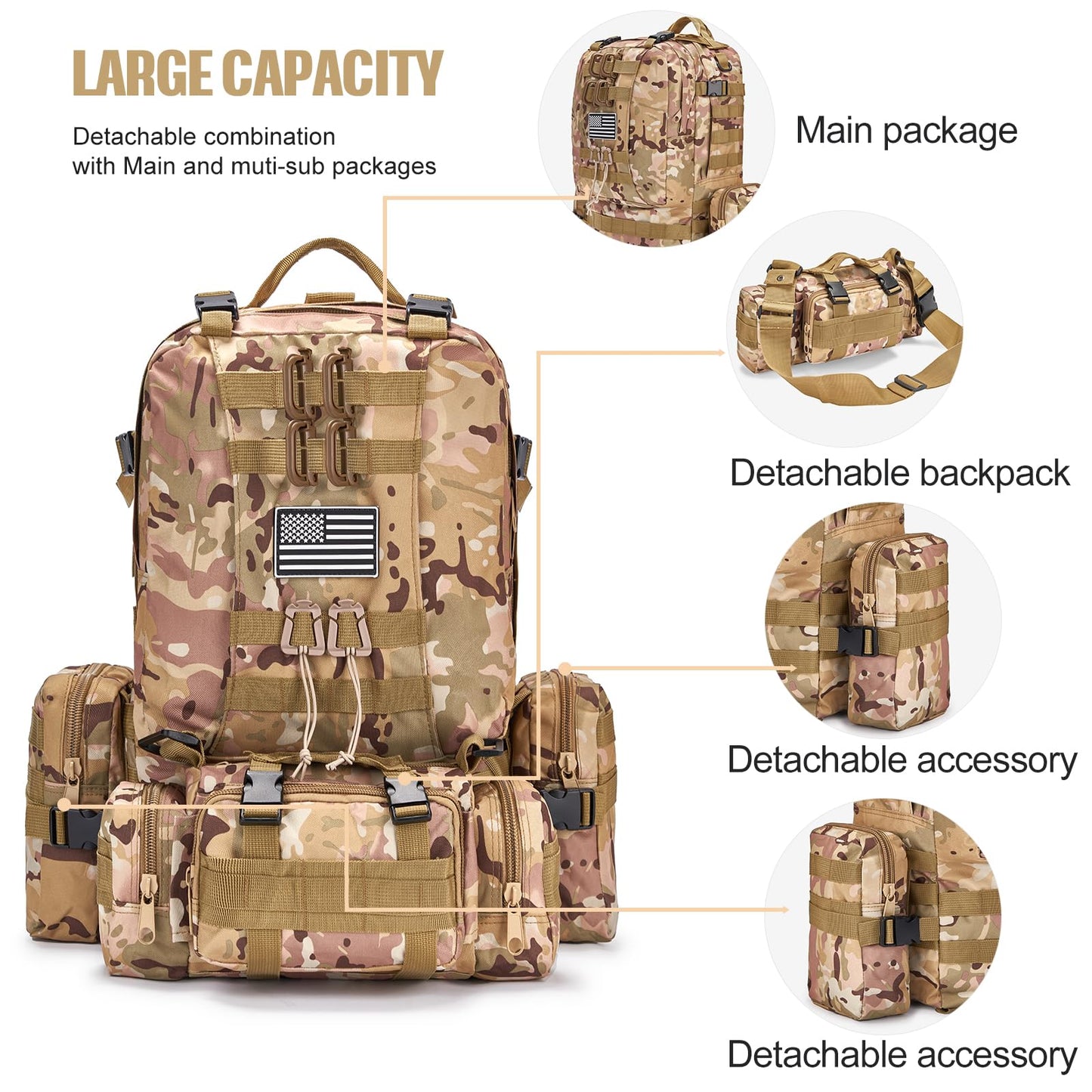 Large Military Tactical Backpack for Men, 40-50L Backpacks for Women, Bug out Bag Army 3 Days Assault Pack Bags Rucksack with Molle System Black Camouflage-2