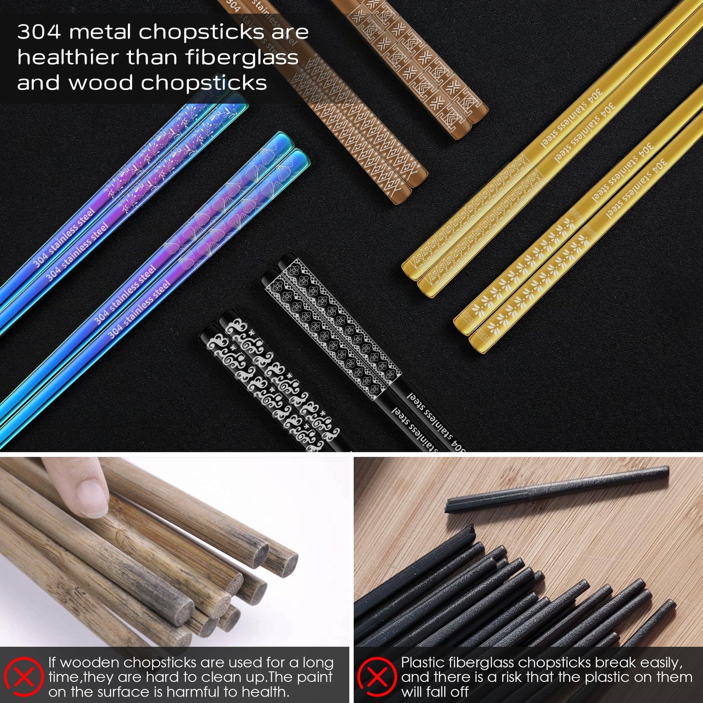 8 Pairs Metal Chopsticks Reusable Black Stainless Steel Chopsticks Set Laser Engraved Non-slip Japanese Korean Chinese Chopstick for Cooking Eating Dishwasher Safe 9.25" Chop Sticks Gift Set