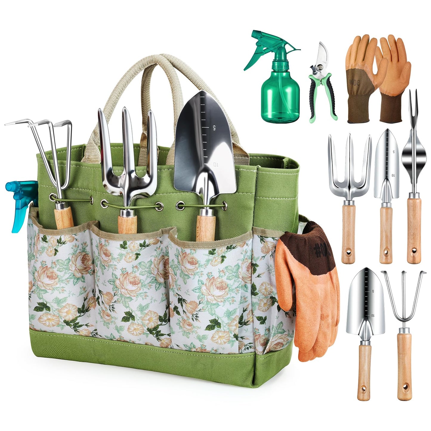 Gardening Tools 9-Piece Heavy Duty Gardening Hand Tools with Fashion and Durable Garden Tools Organizer Handbag,Rust-Proof Garden Tool Set, Ideal Gardening Gifts for Women