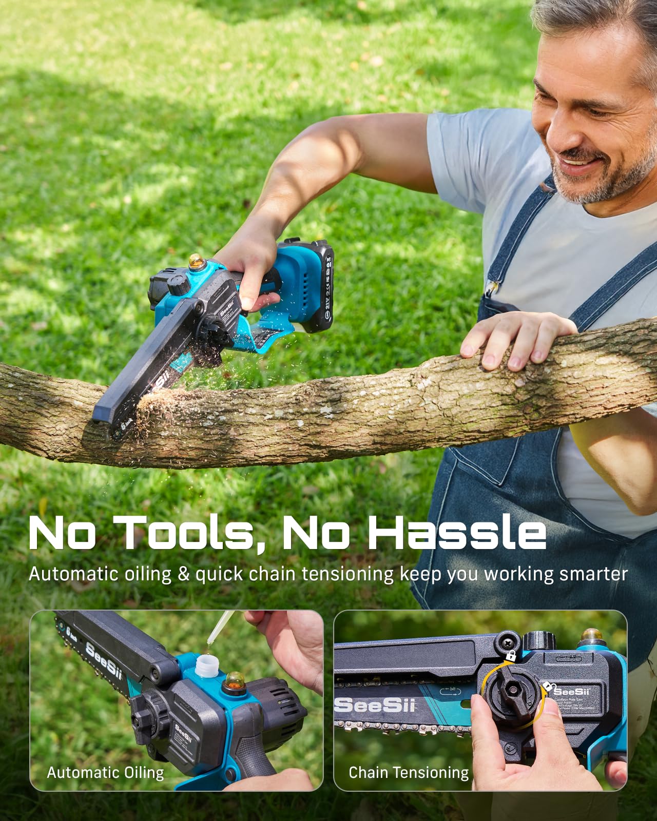 SEESII 2-in-1 Electric Pole Saws for Tree Trimming, 6 Inch Mini Chainsaw Cordless with Extension Pole, Battery Powered Pole Chain Saw, Tree Trimmer Limb Branch Cutter Pruner with 2 Battery PS600
