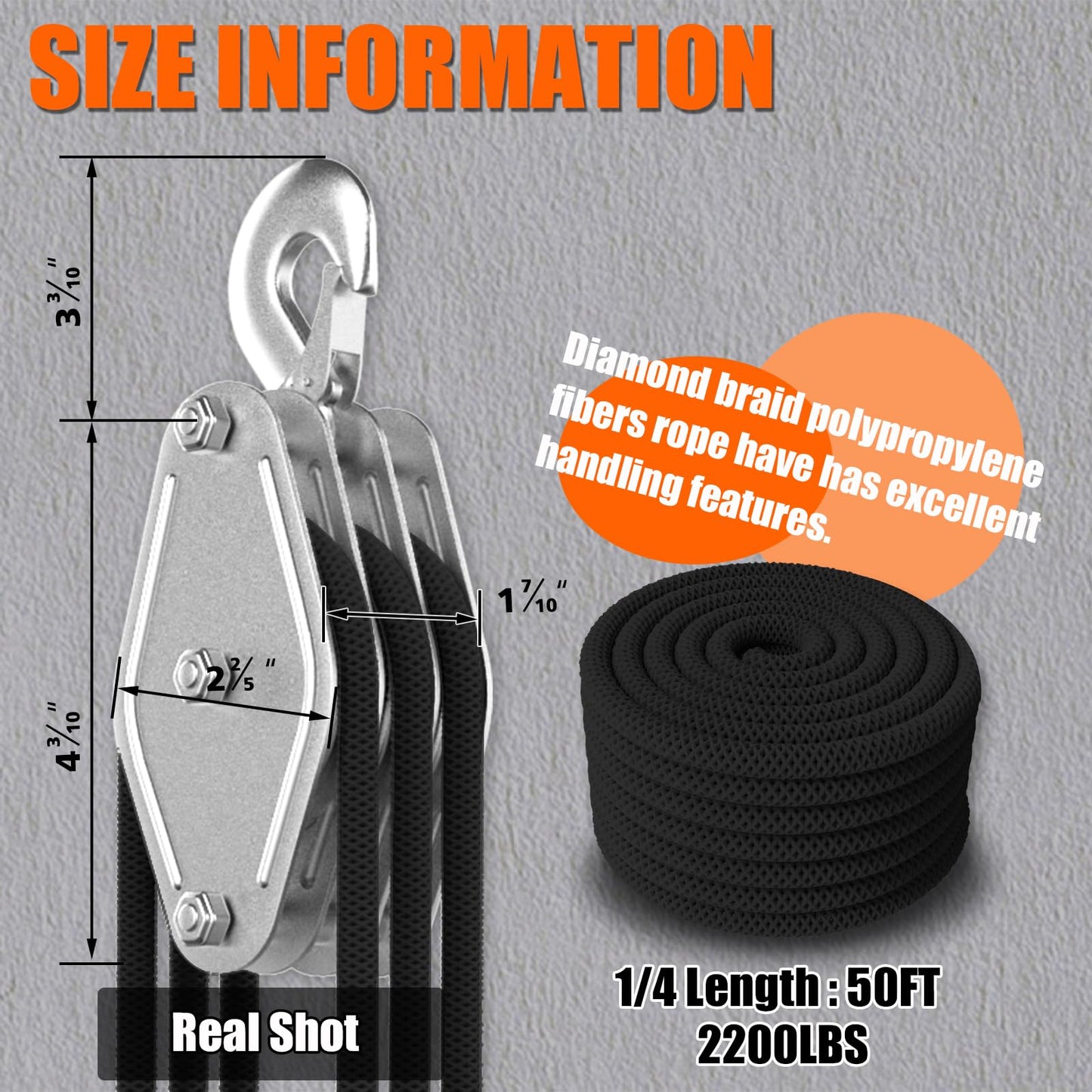 Rope Hoist Pulley System, 4400LB Pulley Block and Tackle, 8:1 Ratio Lifting Power 65ft, Heavy Duty Pulley Block for Lifting Pulling (with 2PCs Straps)