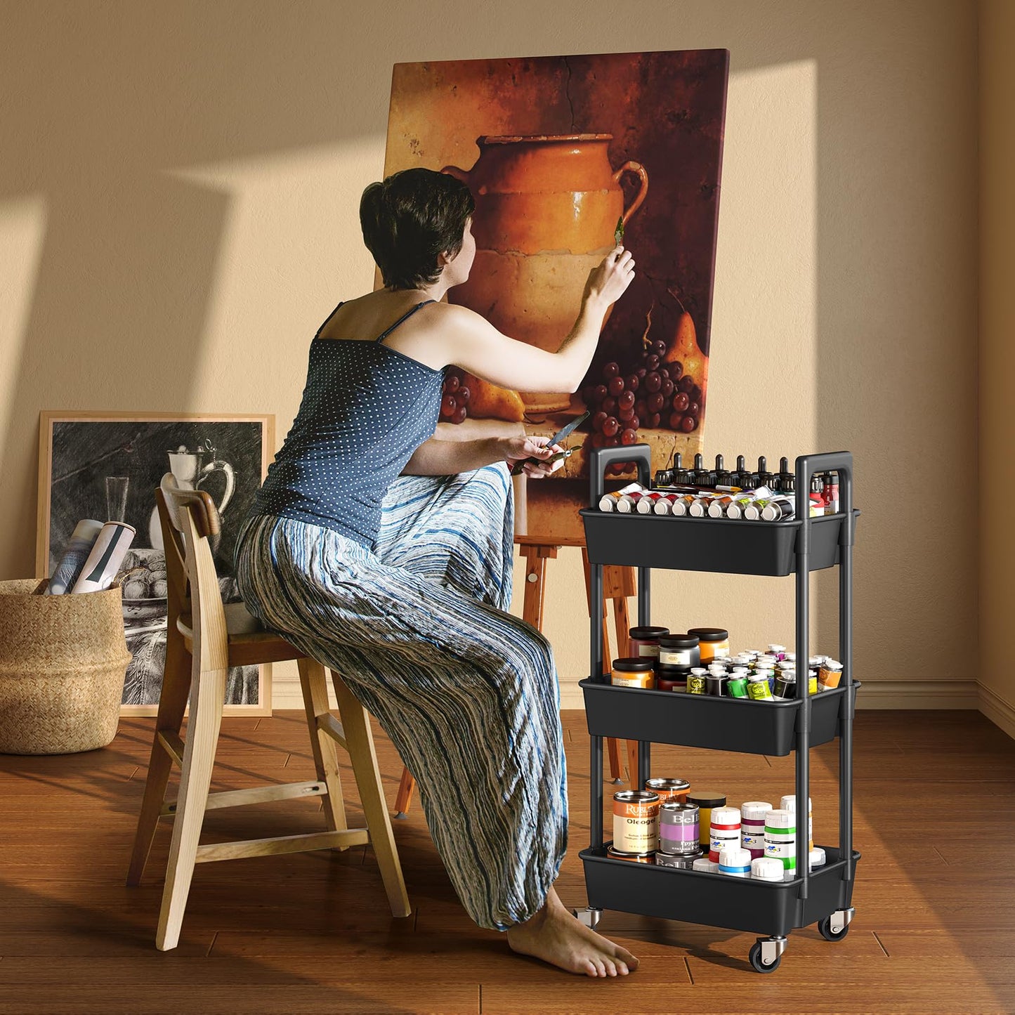 Pipishell 3 Tier Rolling Cart Organizer, Plastic Rolling Cart with Lockable Wheels & Reinforced Handle, Lightweight Utility Cart Storage Cart for Nursery, Kitchen, Bathroom, Craft Room, White, PIUC14W