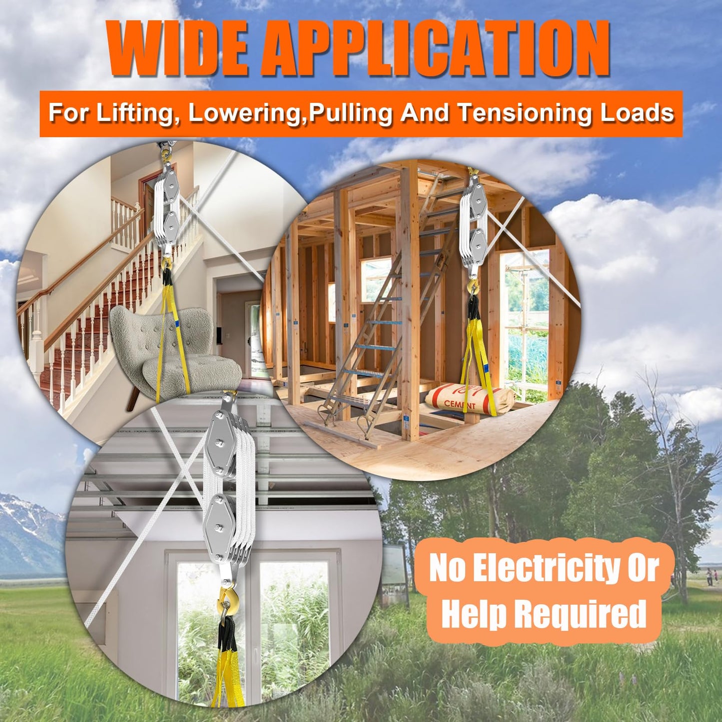 Rope Hoist Pulley System, 4400LB Pulley Block and Tackle, 8:1 Ratio Lifting Power 65ft, Heavy Duty Pulley Block for Lifting Pulling (with 2PCs Straps)