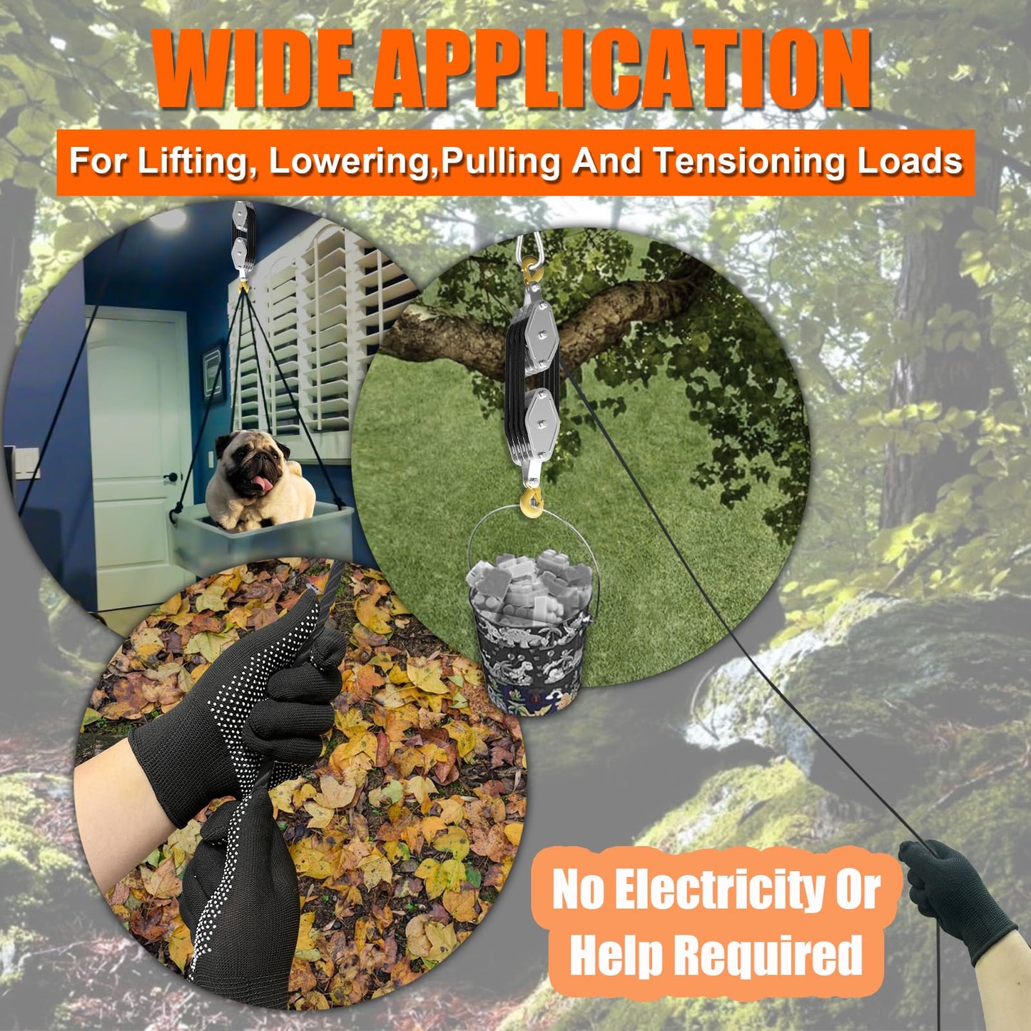 Rope Hoist Pulley System, 4400LB Pulley Block and Tackle, 8:1 Ratio Lifting Power 65ft, Heavy Duty Pulley Block for Lifting Pulling (with 2PCs Straps)