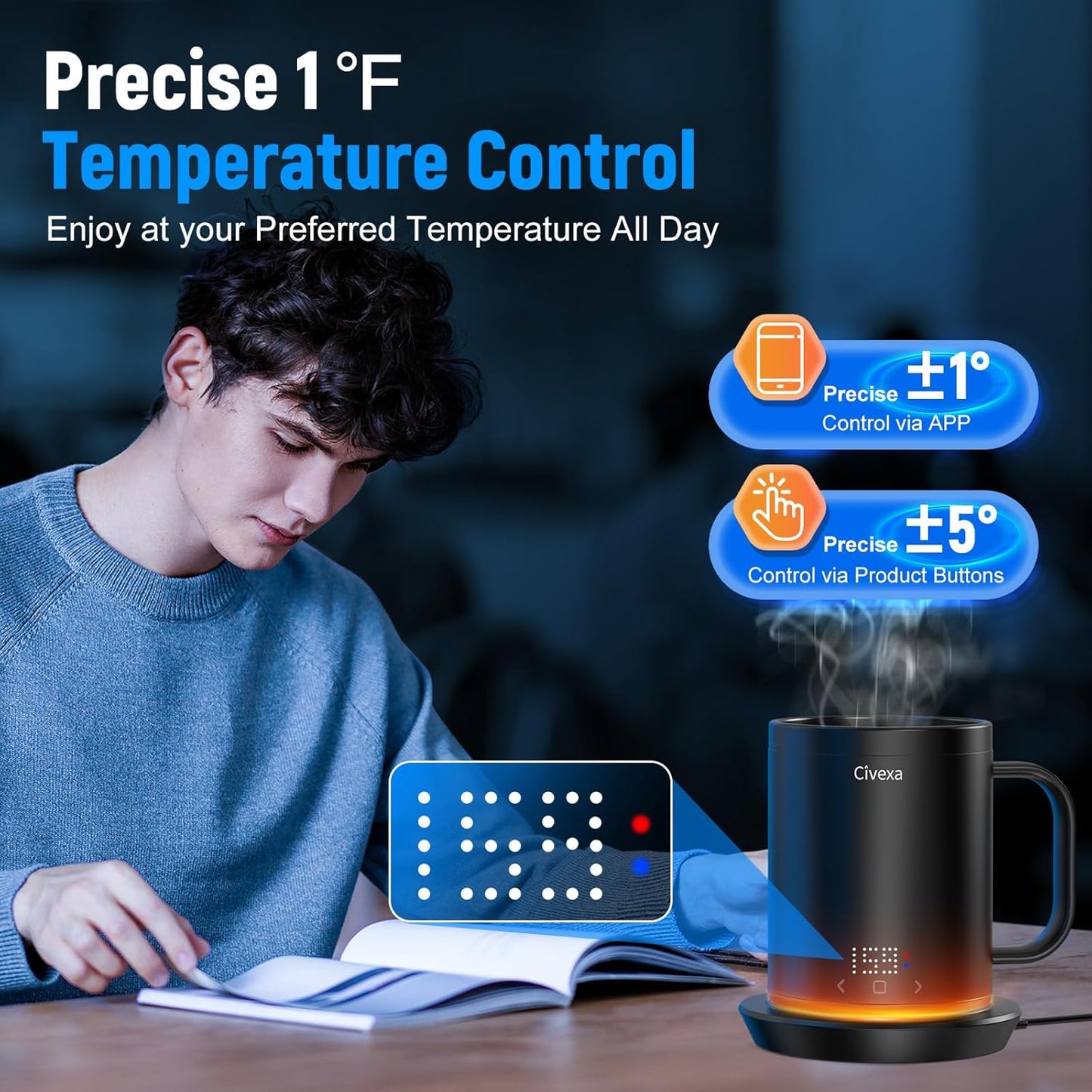 Rechargeable Self Heating Coffee Mug, Fast Heating & High Temperature, 14 Oz App-Controlled Heated Coffee Mug, 1F Precise Temperature Control Smart Mug Warmer for 150 Min Use