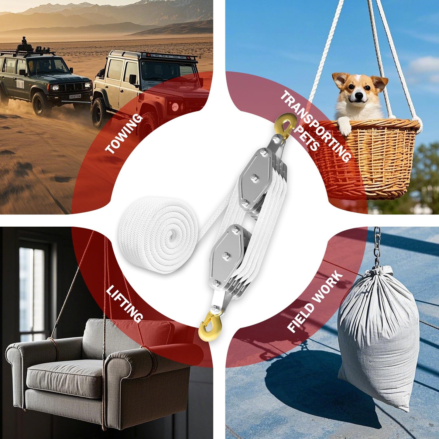 Rope Hoist Pulley System, 4400LB Pulley Block and Tackle, 8:1 Ratio Lifting Power 65ft, Heavy Duty Pulley Block for Lifting Pulling (with 2PCs Straps)