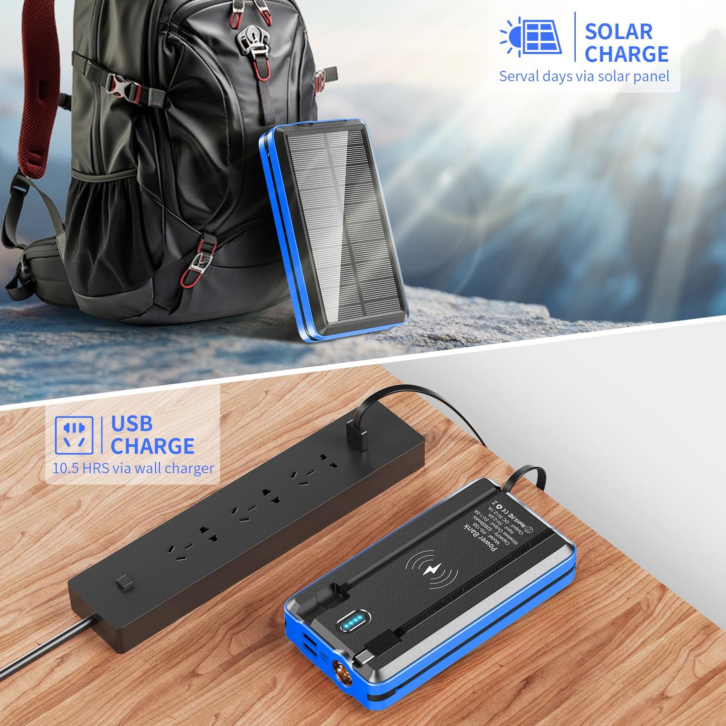 Portable Charger Solar Power Bank 52800mAh 5V/3A Fast Charging Battery Pack with Built in 4 Cables 2 Outputs & LED Flashlight for Cell Phone Camping and Hiking