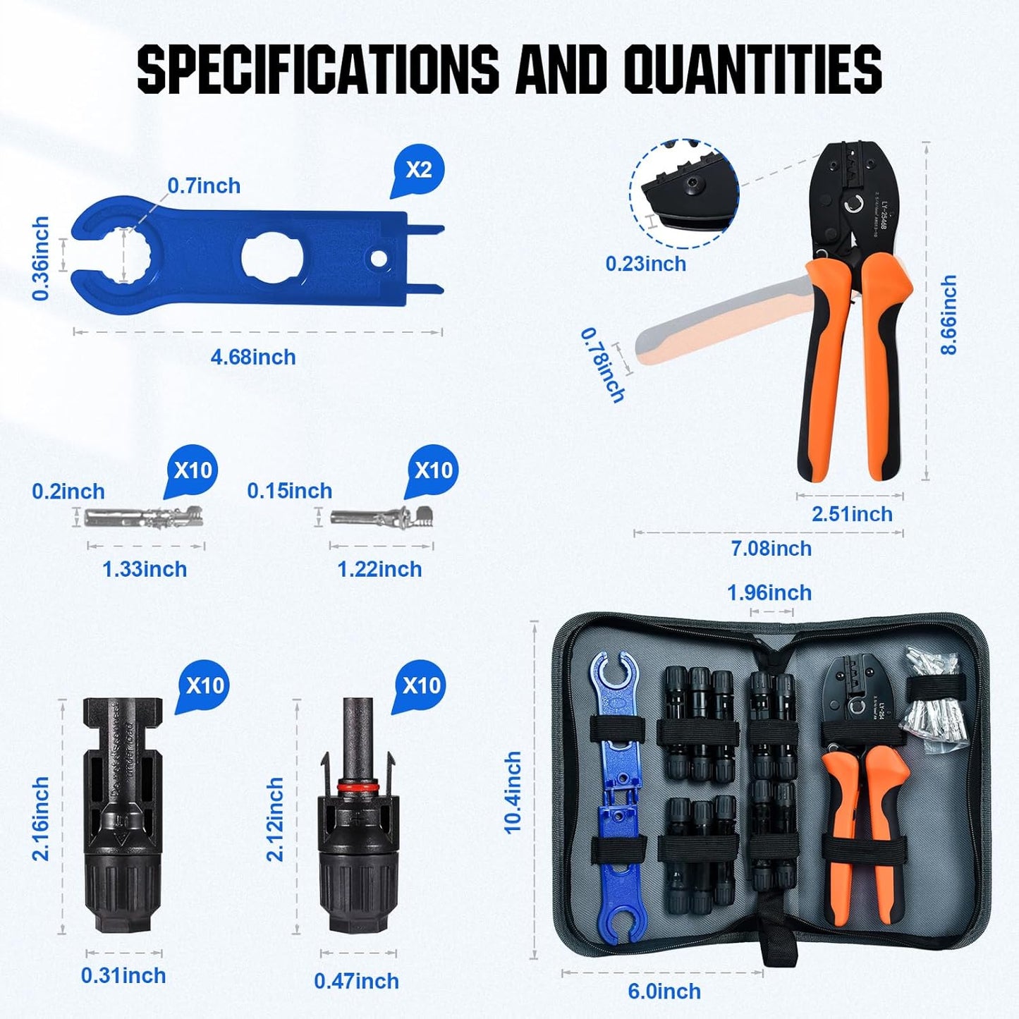 ECO-WORTHY Solar Crimper Tool Kit 13 PCS Solar Tools - a Crimper, 10 Pairs of Solar Connectors, 2 Pairs of Solar Connector Spanner Wrench for Solar Panel Cable Assembly and Installation