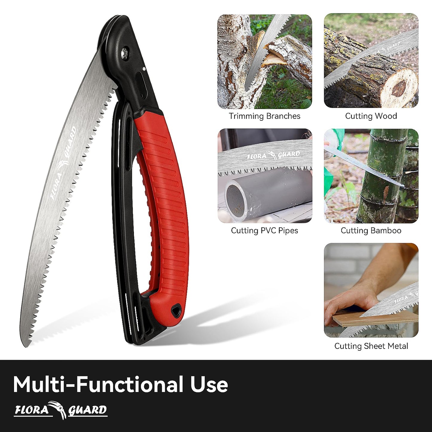 FLORA GUARD 7.7-Inch Folding Saw, Pruning Hand Saw with Triple-Cut Razor Teeth for Wood Cutting, Tree Trimming, and Camping