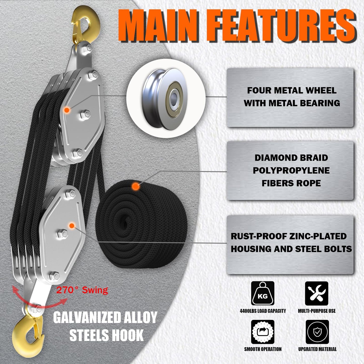 Rope Hoist Pulley System, 4400LB Pulley Block and Tackle, 8:1 Ratio Lifting Power 65ft, Heavy Duty Pulley Block for Lifting Pulling (with 2PCs Straps)