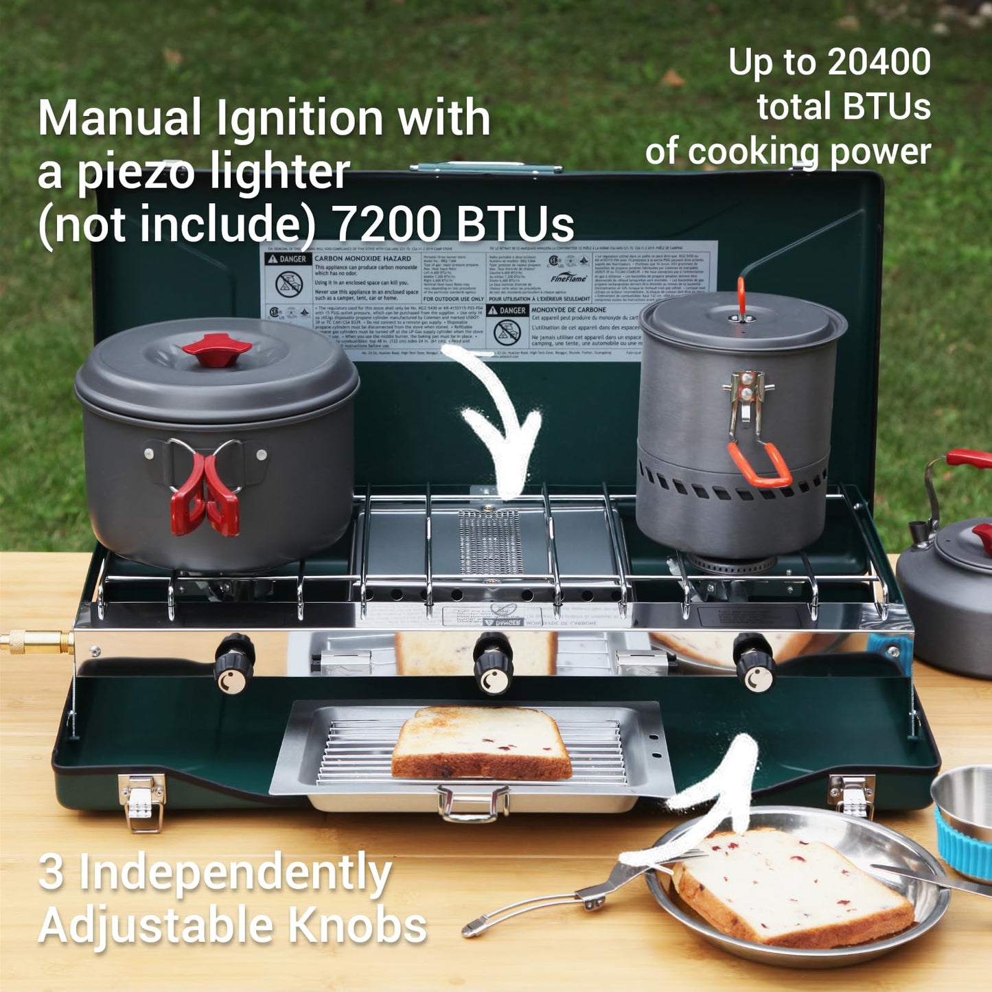 Camping Stove, 3 Burners Propane Portable Camp Stove with Regulator, Push-Button Instant Ignition, Adjustable Burners & Wind Guards for Car BBQ Picnics Outdoor Cooking (BEIGE-20400 BTUs)