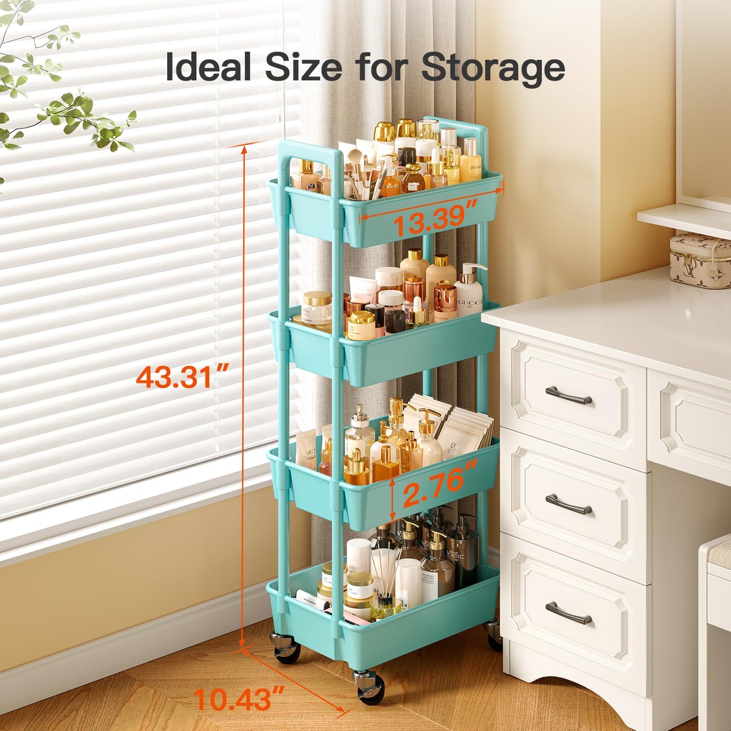 Pipishell 3 Tier Rolling Cart Organizer, Plastic Rolling Cart with Lockable Wheels & Reinforced Handle, Lightweight Utility Cart Storage Cart for Nursery, Kitchen, Bathroom, Craft Room, White, PIUC14W