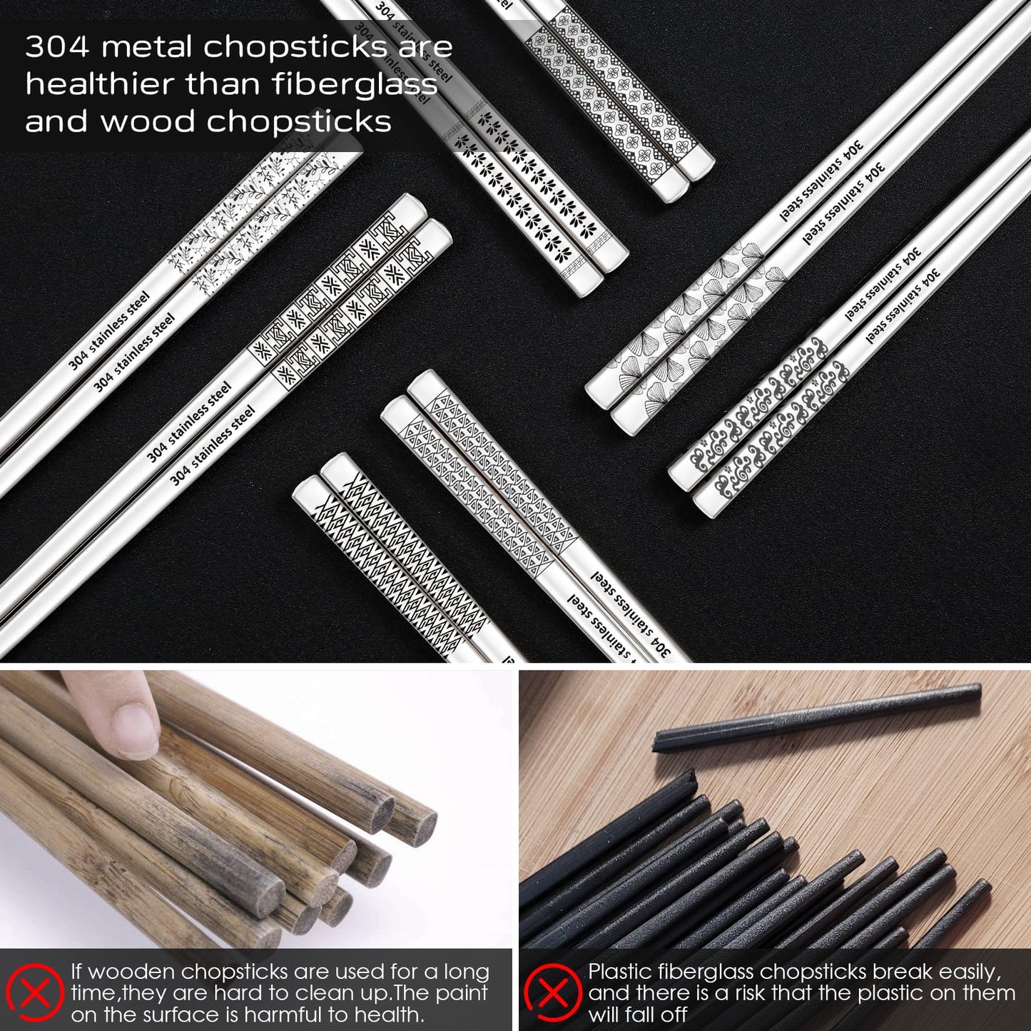 8 Pairs Metal Chopsticks Reusable Black Stainless Steel Chopsticks Set Laser Engraved Non-slip Japanese Korean Chinese Chopstick for Cooking Eating Dishwasher Safe 9.25" Chop Sticks Gift Set