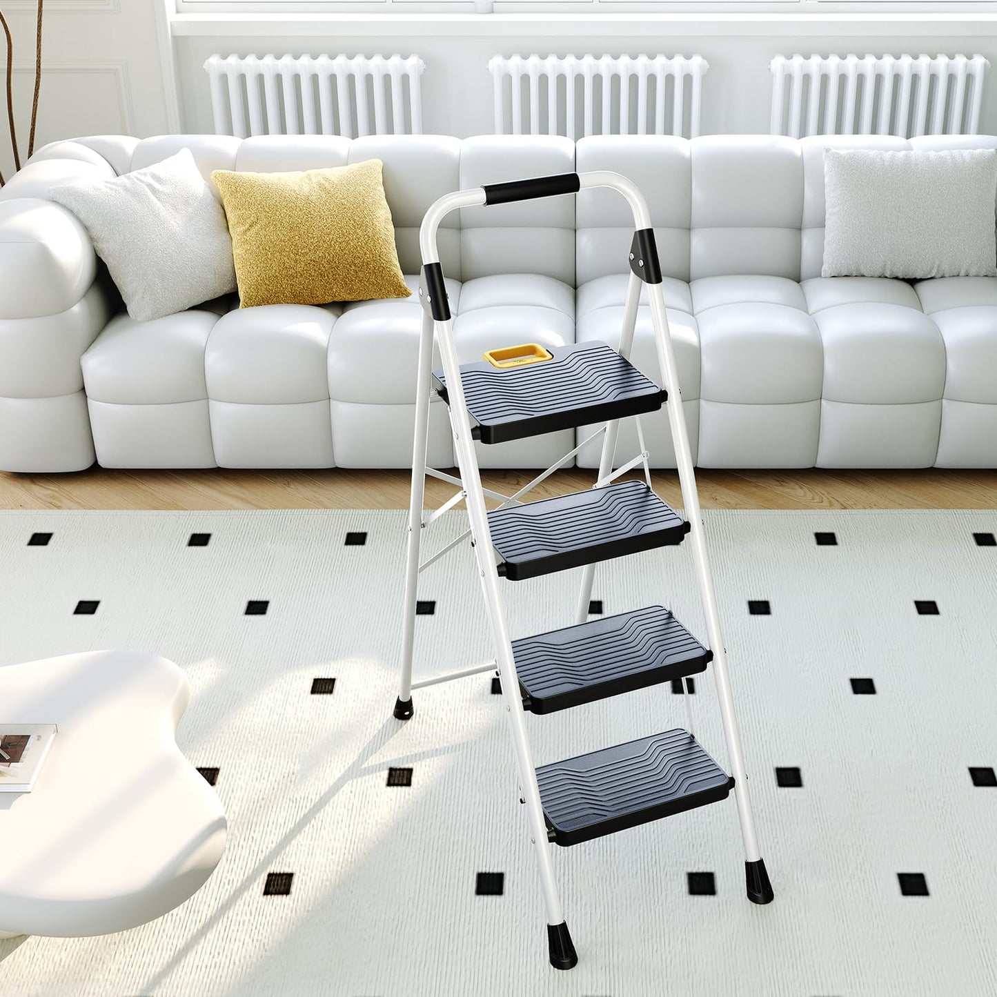 KINGRACK 4 Step Folding Ladder, 800lbs Capacity Step Stool with Safety Lock, Non-Skid Wide Pedals, and Handrail, Lightweight, Household Ladder for Home, Kitchen, Pantry, Closets, and Office Use, White