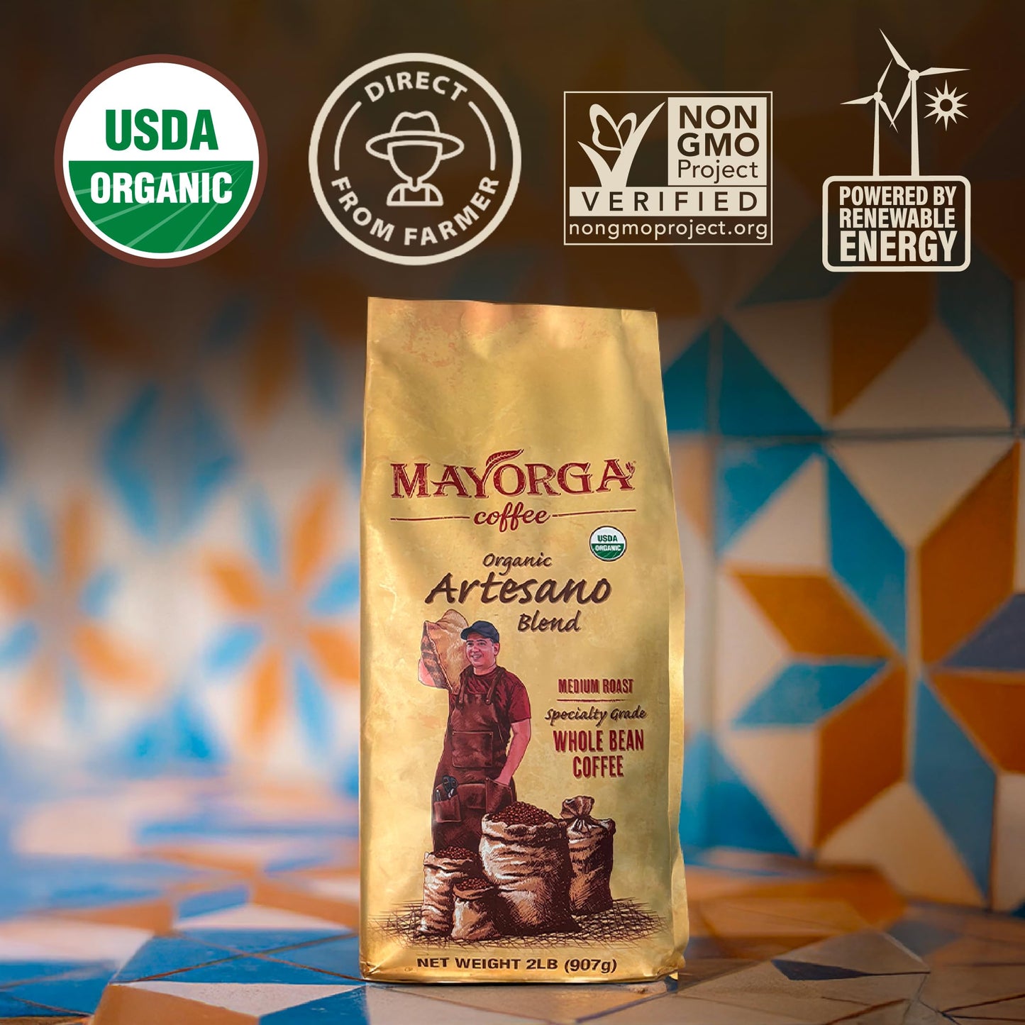 Mayorga Organic Coffee 2lb Mayan Blend - Medium Roast Whole Bean Coffee Specialty Grade, 100% Arabica, Slow Roasted, Chocolate and Floral Flavor with Low Acidity - USDA Organic, Non-GMO, Kosher