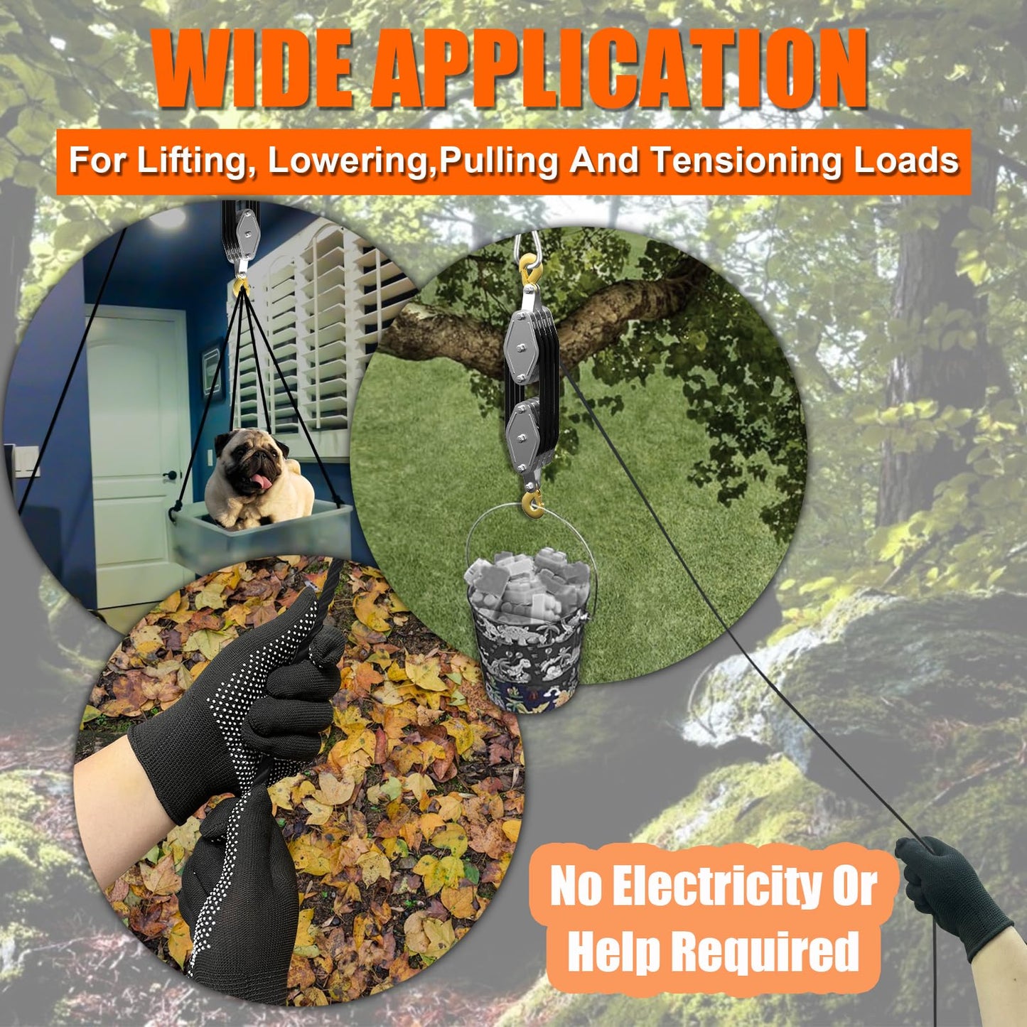 Rope Hoist Pulley System, 4400LB Pulley Block and Tackle, 8:1 Ratio Lifting Power 65ft, Heavy Duty Pulley Block for Lifting Pulling (with 2PCs Straps)