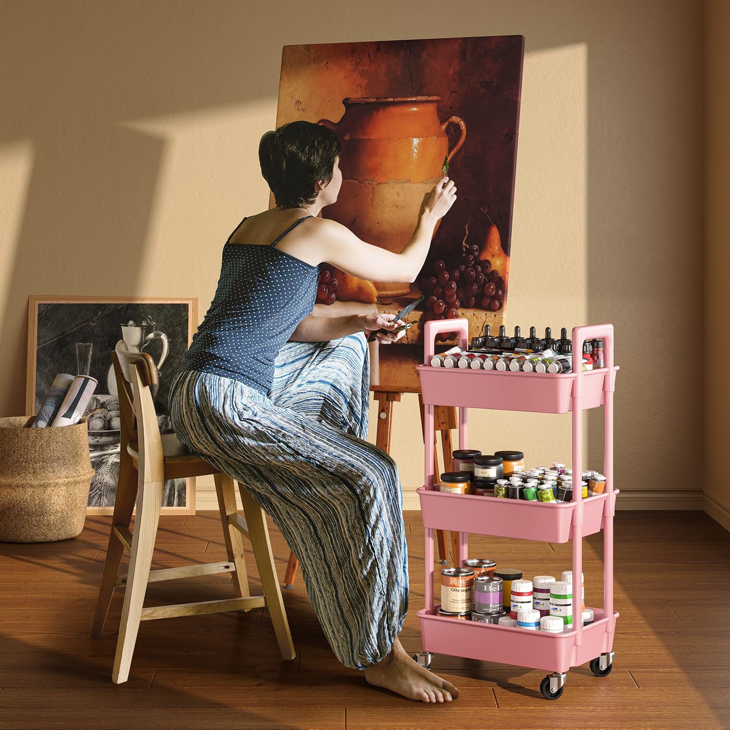 Pipishell 3 Tier Rolling Cart Organizer, Plastic Rolling Cart with Lockable Wheels & Reinforced Handle, Lightweight Utility Cart Storage Cart for Nursery, Kitchen, Bathroom, Craft Room, White, PIUC14W