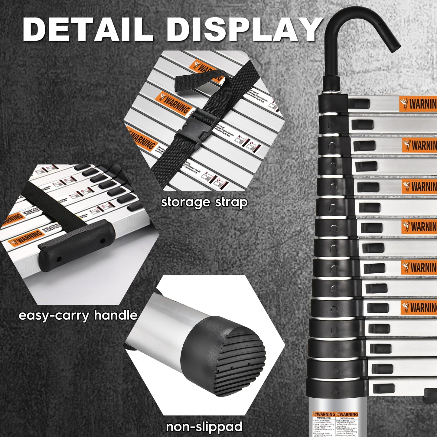 Telescoping Ladder, SocTone 12.5 FT Aluminum Lightweight Extension Ladder with 2 Triangle Stabilizers, Heavy Duty 330lbs Max Capacity, Multi-Purpose Collapsible Ladder for RV or Outdoor Work