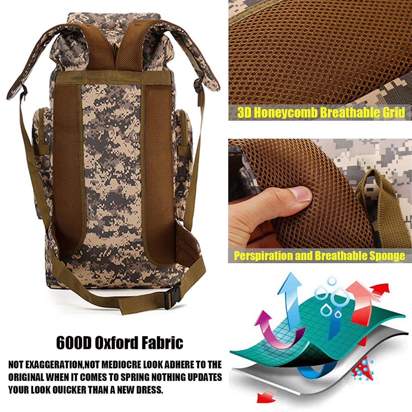 70L Hiking Backpack for Men, Waterproof Lightweight Camping Backpack, Military Rucksack with Molle, 3-Day Assault Pack for Travel, Climbing, Outdoor Sports (Green Camouflage)