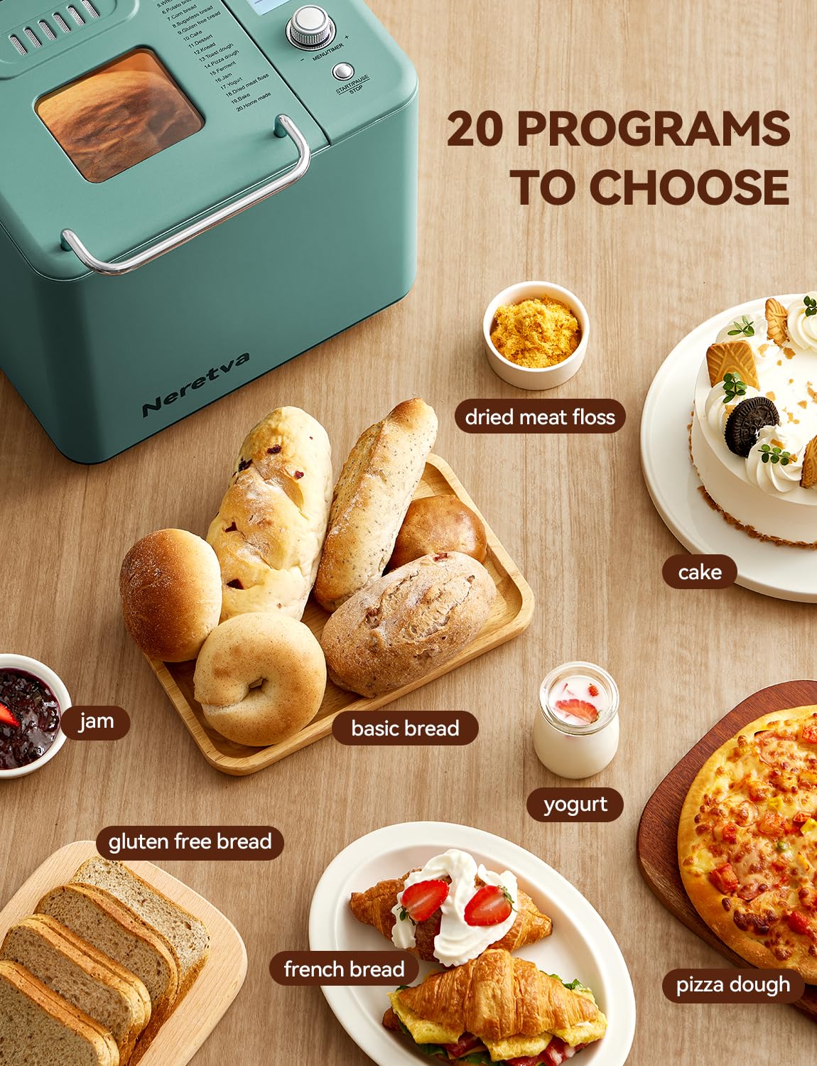 Neretva 20-IN-1 Bread Maker, Dual Heater 2LB Bread Machine Stainless Steel Bread Maker Machine Nonstick Ceramic Pan Compact for Gluten Free/Sourdough/Whole Wheat Bread/Yogurt, Breadmaker Recipe-Green