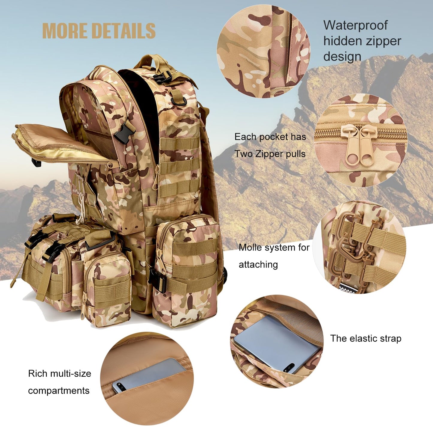 Large Military Tactical Backpack for Men, 40-50L Backpacks for Women, Bug out Bag Army 3 Days Assault Pack Bags Rucksack with Molle System Black Camouflage-2