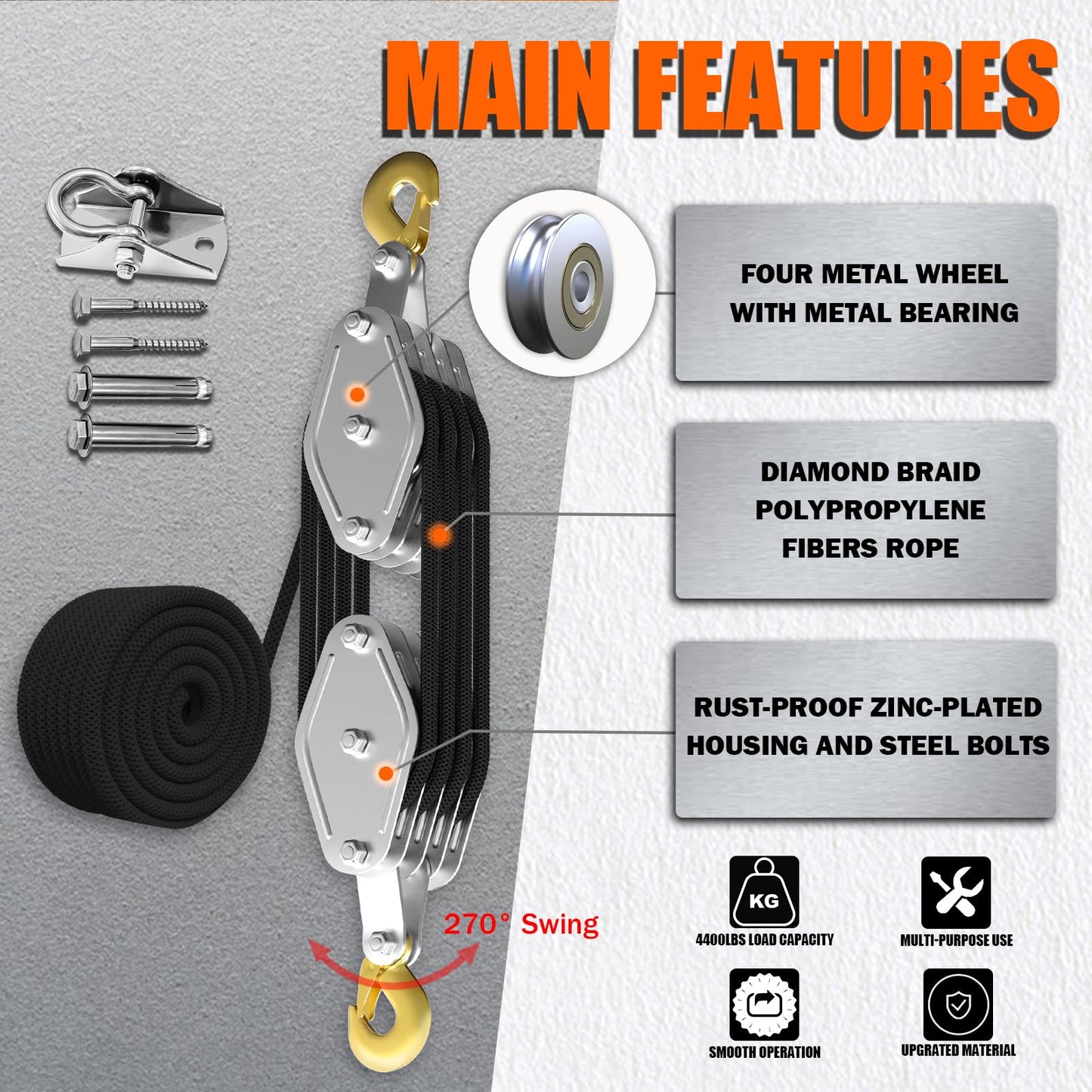 Rope Hoist Pulley System, 4400LB Pulley Block and Tackle, 8:1 Ratio Lifting Power 65ft, Heavy Duty Pulley Block for Lifting Pulling (with 2PCs Straps)
