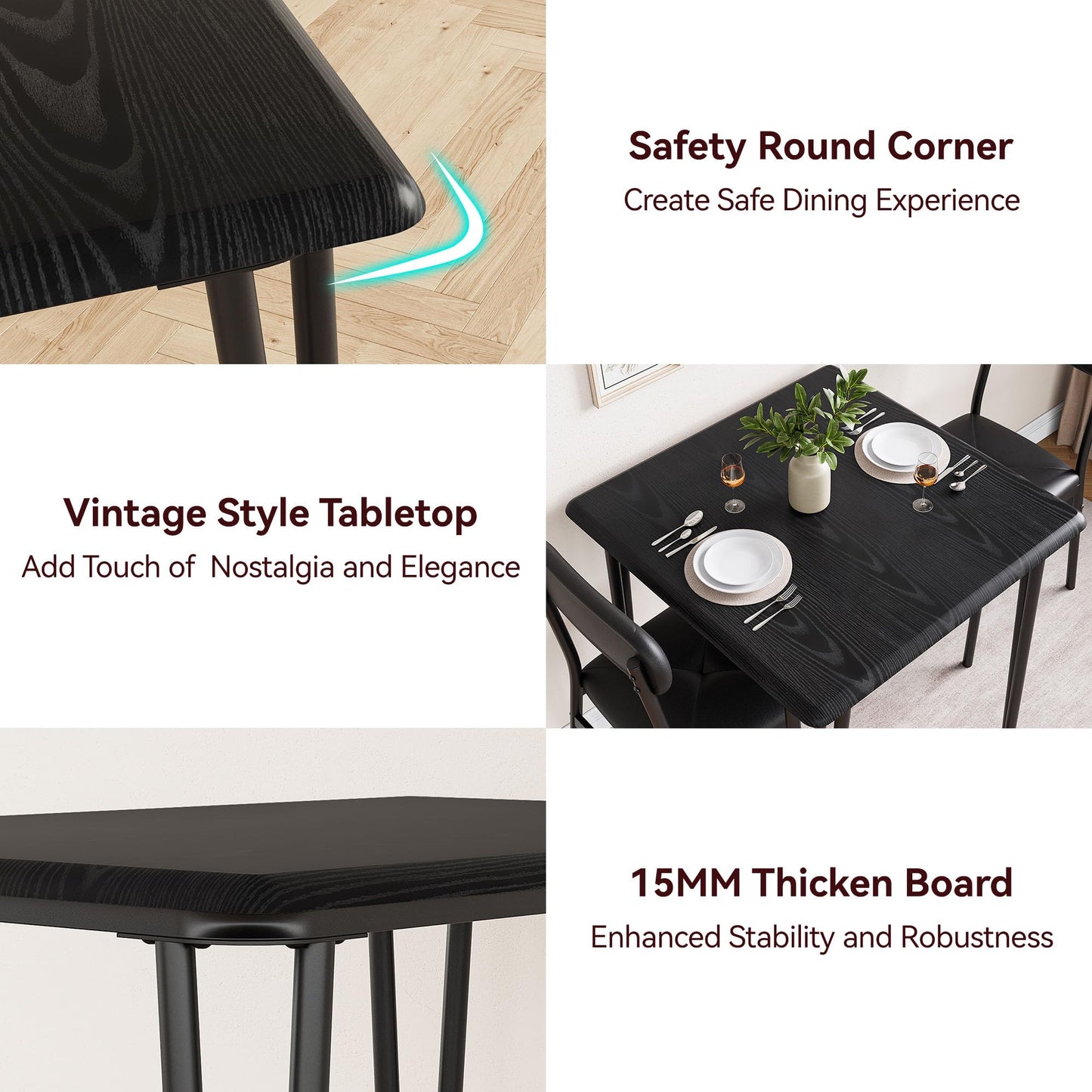 IDEALHOUSE Dining Table for 2-Small Square Kitchen Dining Dinner Room Tables Set,Space Saving Wood Modern Dinette Accent Furniture for Breakfast Nook, (Dark, Table with 2 Upholstered Chairs)