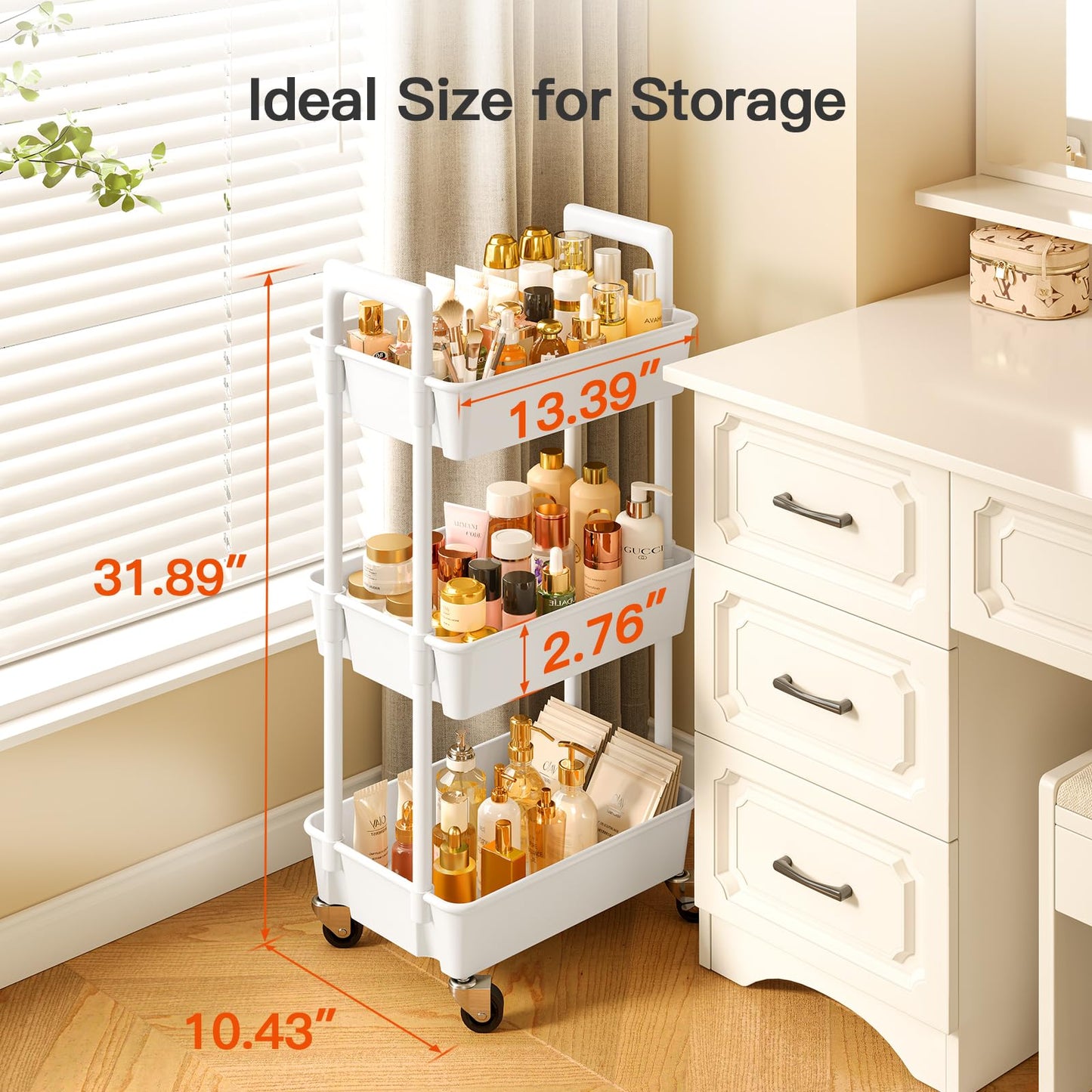 Pipishell 3 Tier Rolling Cart Organizer, Plastic Rolling Cart with Lockable Wheels & Reinforced Handle, Lightweight Utility Cart Storage Cart for Nursery, Kitchen, Bathroom, Craft Room, White, PIUC14W