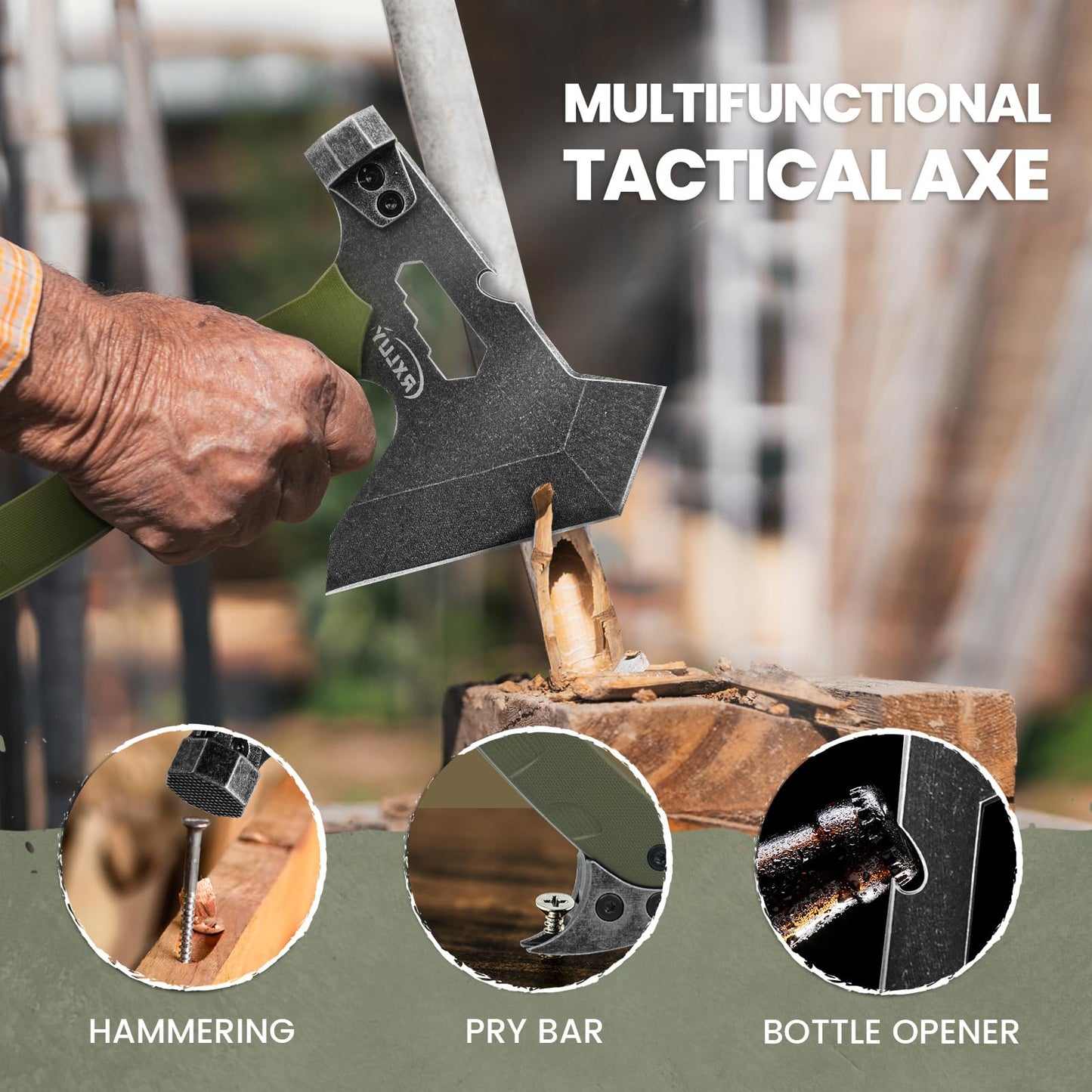 Tactical Axe with G10 Handle Camping Survival Hatchet, Multifunctional Hiking Outdoor Heavy Duty Full Tang Tomahawk Tools with Hammer, Unique Design Crowbar, Leather Sheath (Green)