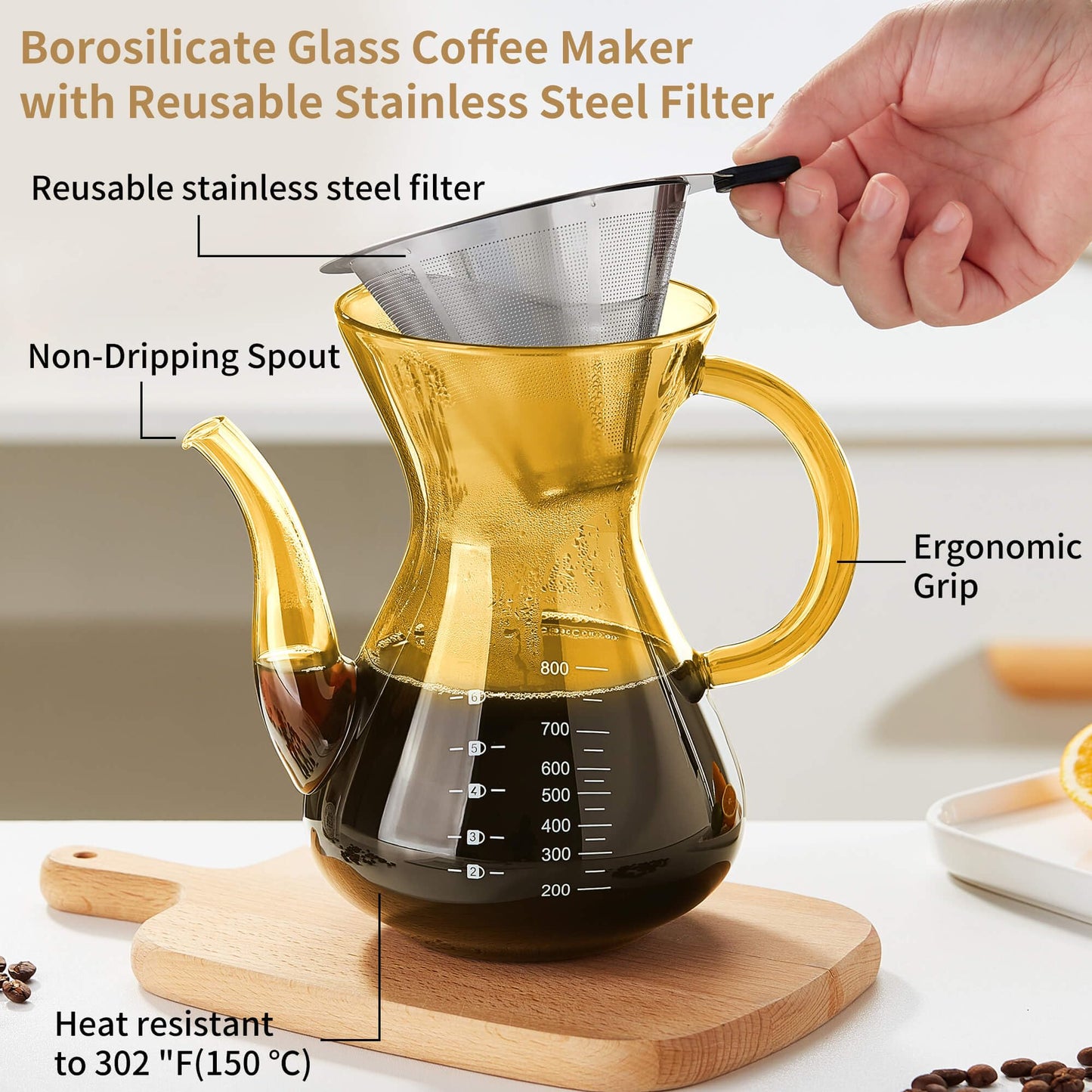 Unbreakable - Pour Over Coffee Maker with Double Stainless Filter 34 fl oz, Thickened Heat-Resistant Borosilicate Glass Pour Over Coffee Dripper, Stovetop Safe