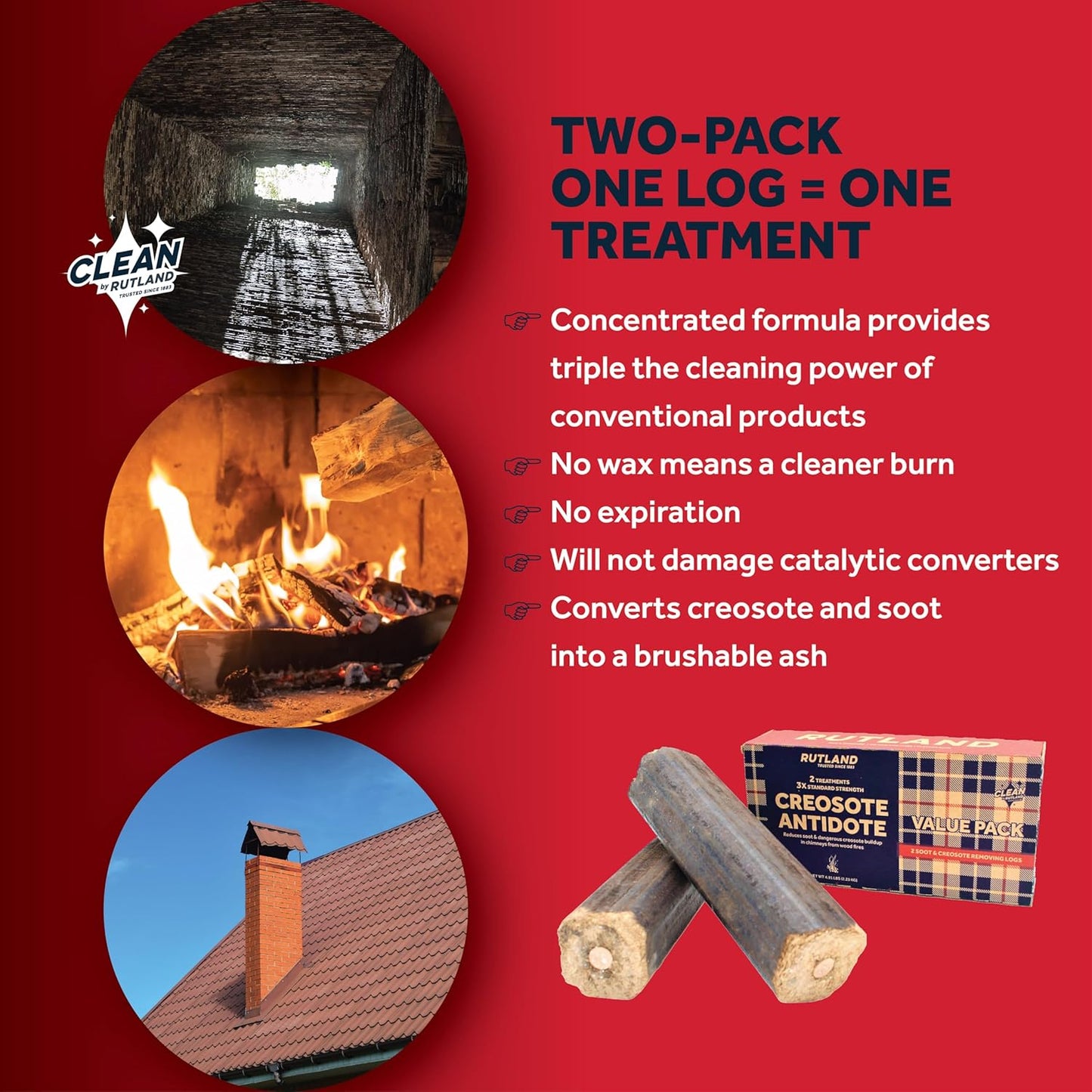 Rutland Creosote Antidote™, 3X Cleaning Power, Chimney Cleaning Fire Logs, 2-Pack Creosote Sweeping Firelogs, 2.45 lbs Each Treatment, Made in USA