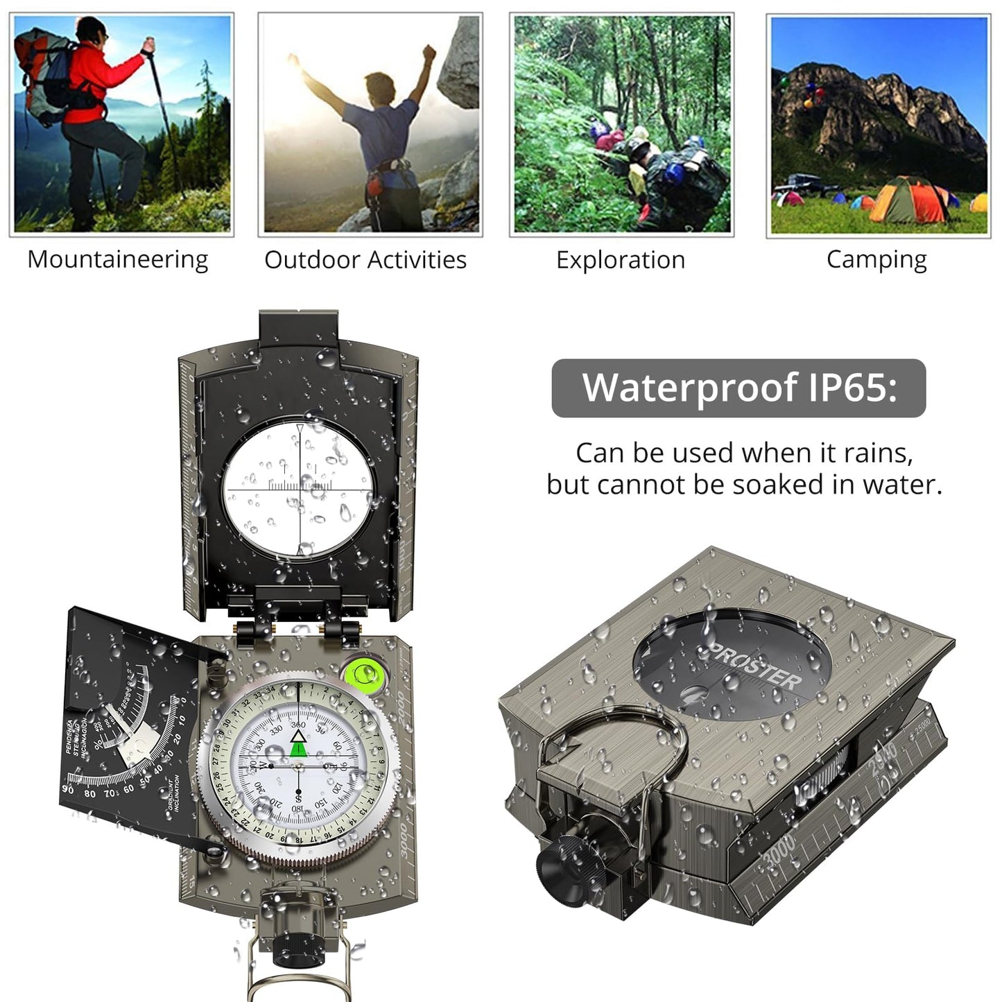 Proster IP65 Compass Hiking Survival - Lensatic Sighting Compass for Camping Navigation, Compass with Clinometer & Carry Bag for Camping Hunting Hiking Geology Activities