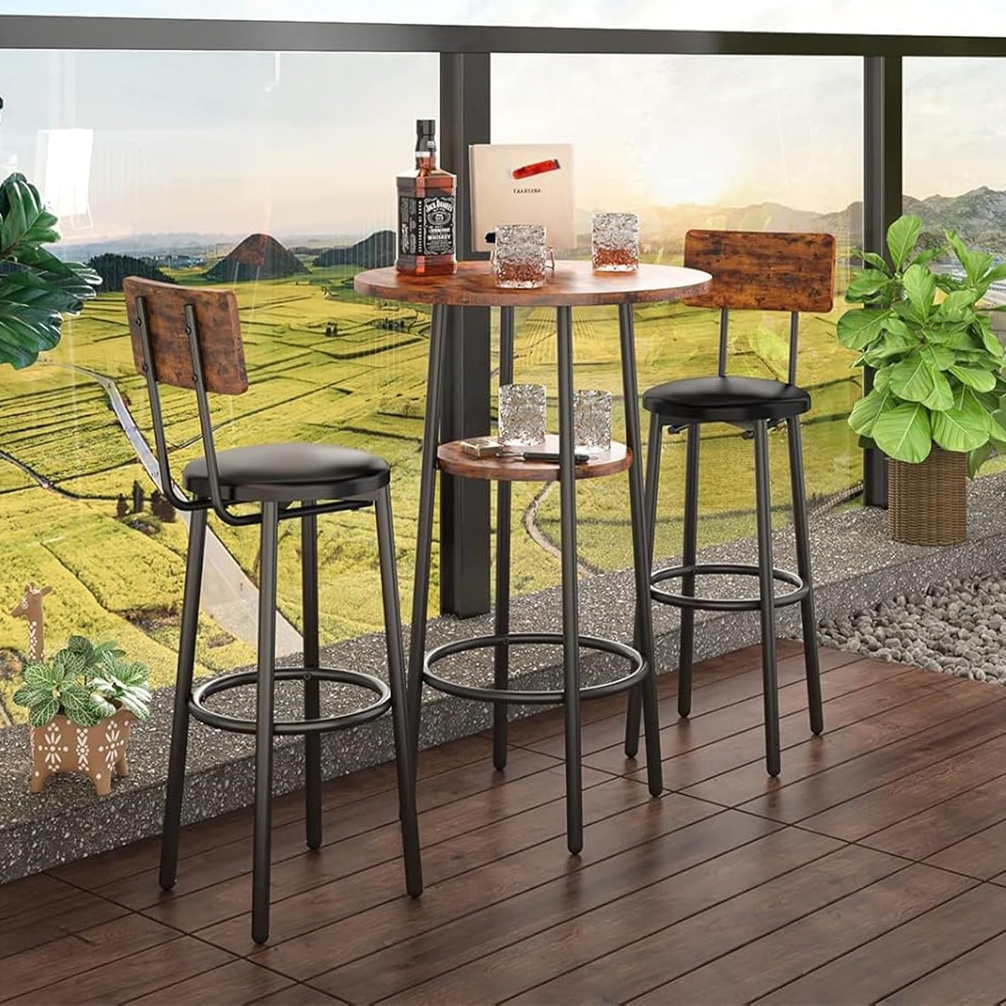 3-Piece Dining Table Set for 2, Small Round Kitchen Table with 2 Chairs, Counter Height Bar Table with Storage, Pub Table and PU Upholstery Stools for Small Space, Apartment, Bistro-Brown