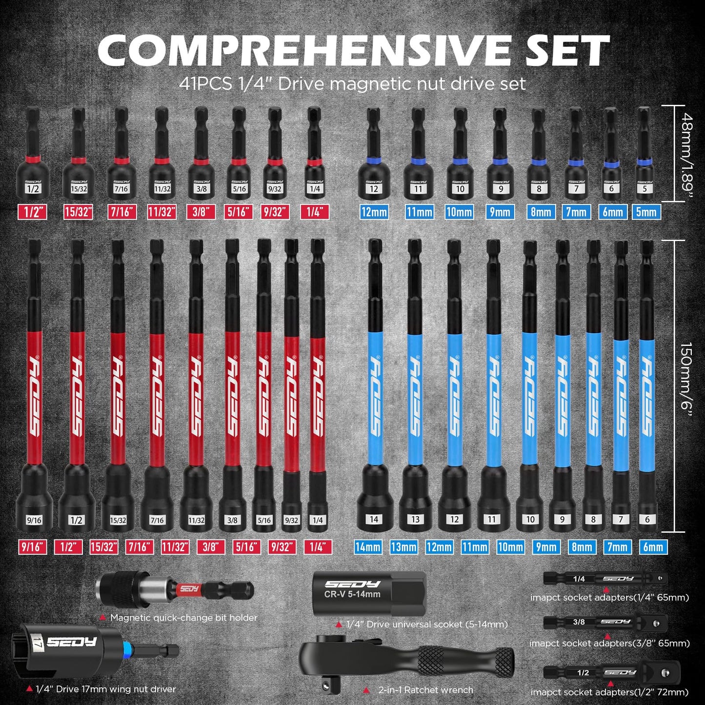 41-Piece Premium 1/4" Drive Magnetic Impact Nut Driver Set Metric & SAE Standard & Deep with Socket Adapters, 2-in-1 Ratchet Wrench, Wing Nut Driver, Universal Sockets, Quick Release Bit Holder