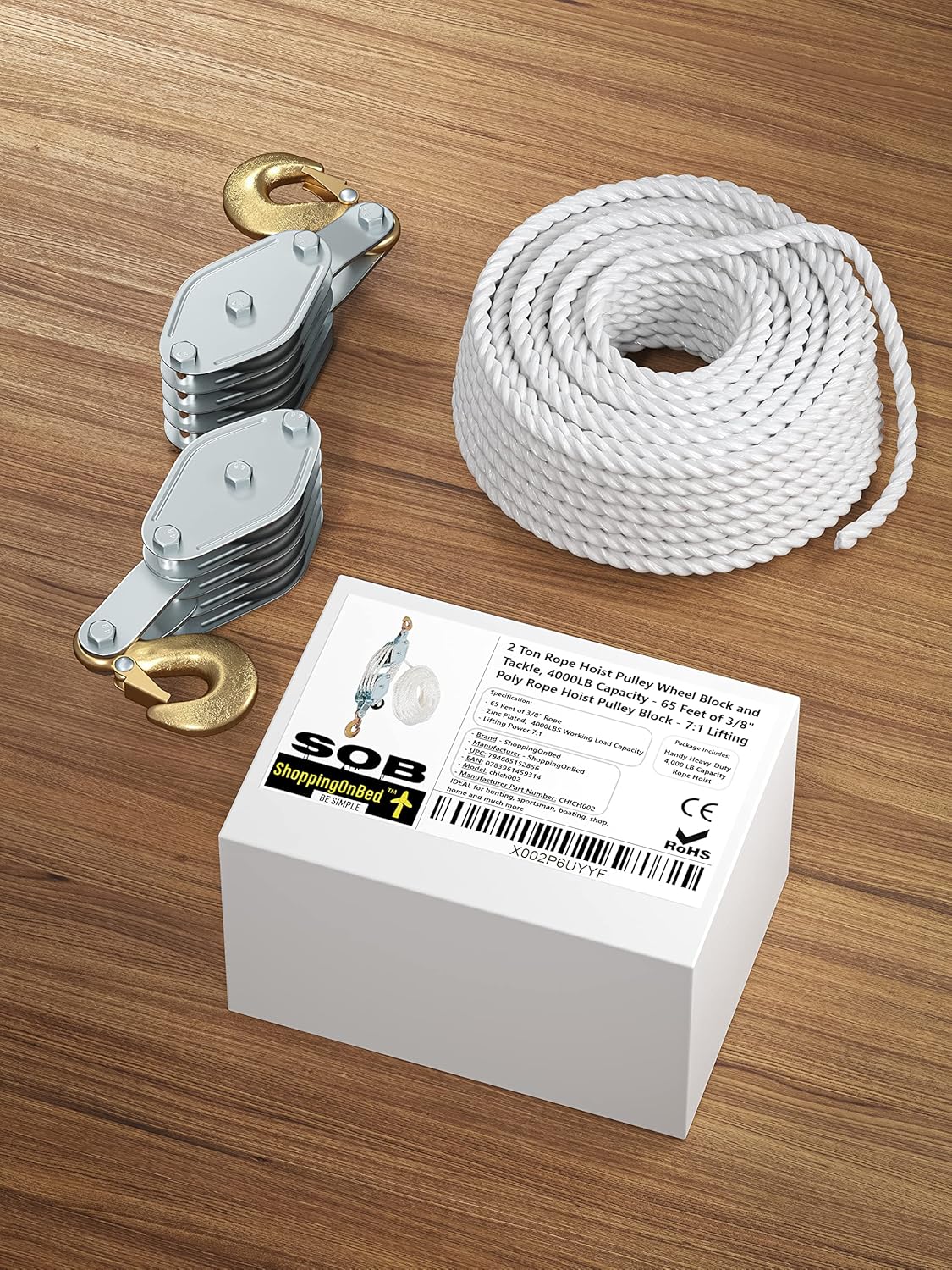 Block and Tackle Pulley System for Lifting Objects - SoB 4000LB Breaking Strength with 65 Feet of 3/8" Rope - 7:1 Lifting Power - Heavy Duty Rope Hoist Pulley System for Garage Warehouse Construction