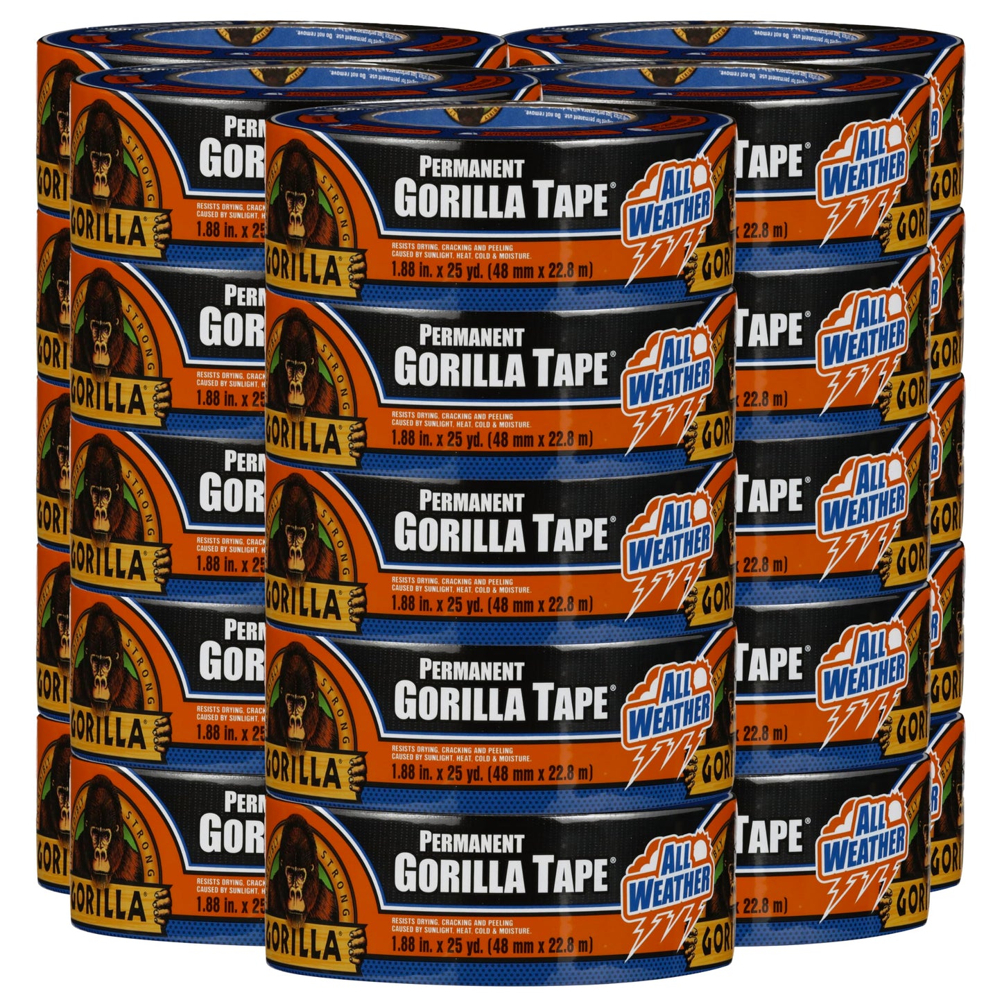 Gorilla All Weather Duct Tape, Black, 1.88" x 25 yd (Pack of 2) - UV and Temperature Resistant Waterproof Tape for Outdoor Repairs